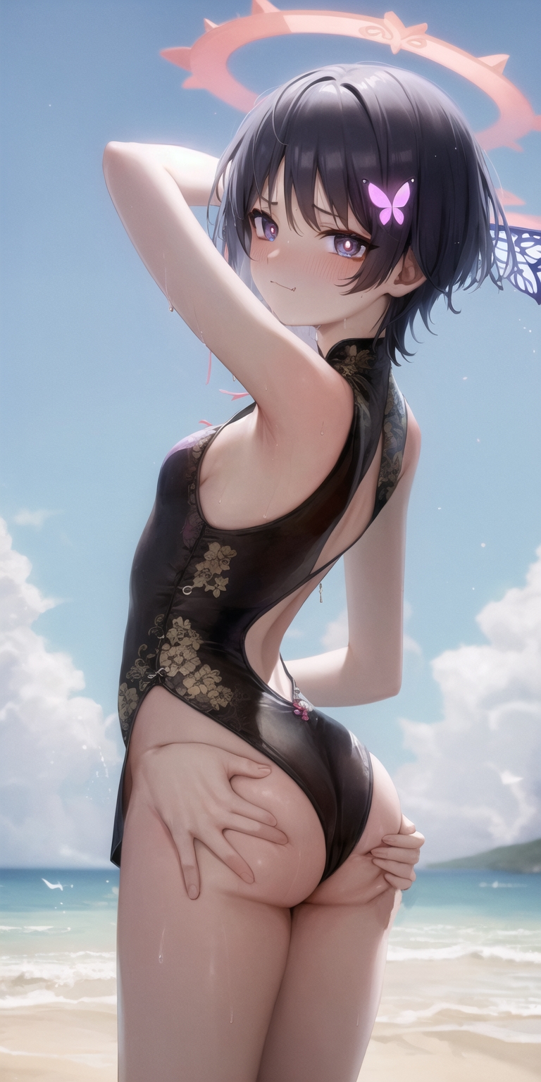 1boy, ai generated, arm behind head, ass, ass focus, ass grab, beach, blush, butterfly, butterfly hair ornament, china dress, chinese clothes, cloud, cloudy sky, curvy, femboy, feminine male, from behind, ganyuishot7, genshin impact, girly, halo, looking at viewer, looking back, male, male only, ocean, oerba yun fang, otoko no ko, otokonoko, pov, pov hands, purple eyes, purple hair, scaramouche (genshin impact), solo, solo focus, stable diffusion, sweat, wet