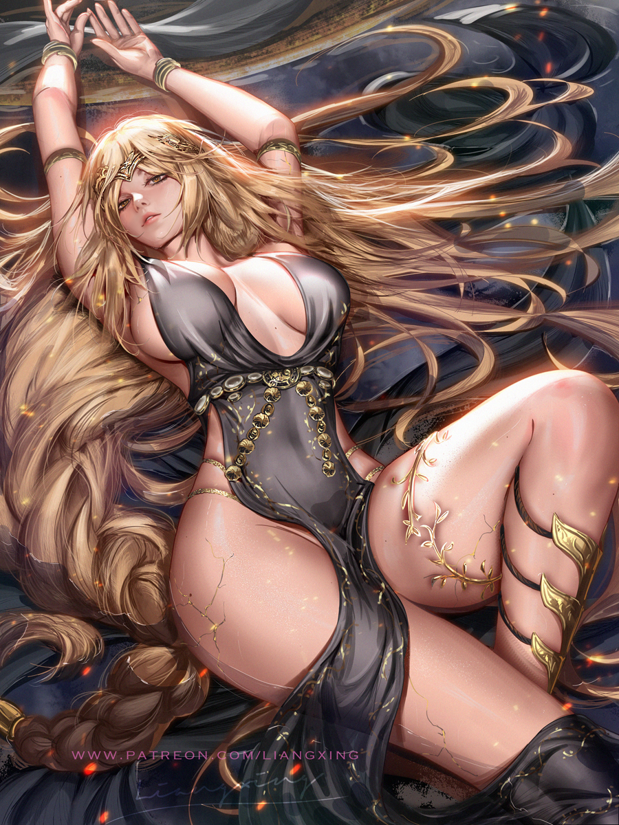 1girls, arms up, big breasts, blonde hair, breasts, cleavage, elden ring, female, female only, fromsoftware, goddess, liang xing, milf, queen marika the eternal, thick thighs, wide hips