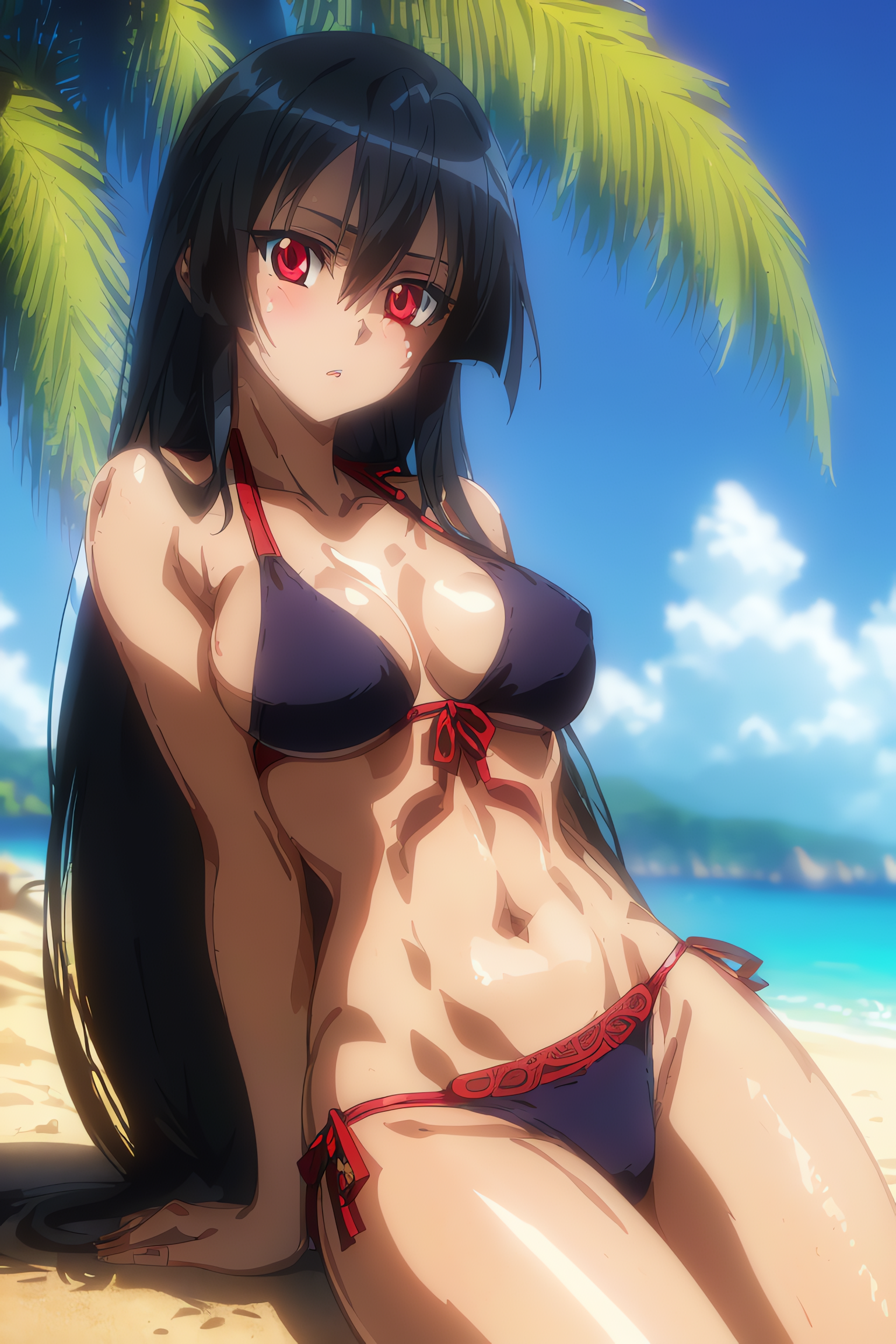 1girls, ai generated, akame (akame ga kill!), akame ga kill!, alluring, beach, big breasts, bikini, black hair, breasts, cleavage, female, joker (artist), long hair, red eyes, sitting