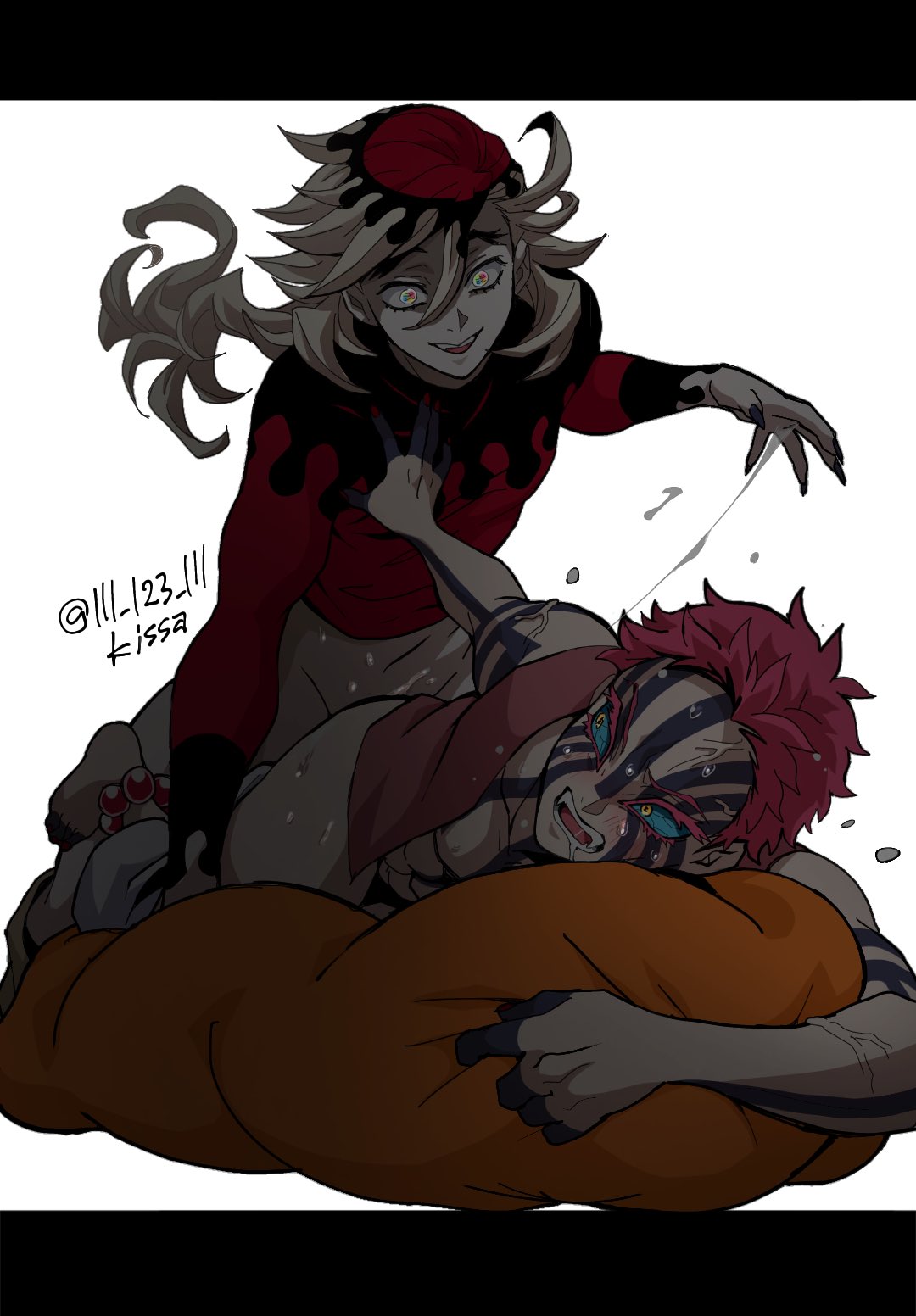 2boys akaza_(kimetsu_no_yaiba) anal anal_sex blush body_markings bottomless demon_boy demon_slayer douma facial_markings fangs from_behind gay implied_anal kimetsu_no_yaiba lll_123_lll long_hair_male looking_at_another looking_back male male_only on_stomach pants_down pillow_grab pink_hair questionable_consent smile spiky_hair sweat thick_eyelashes yaoi