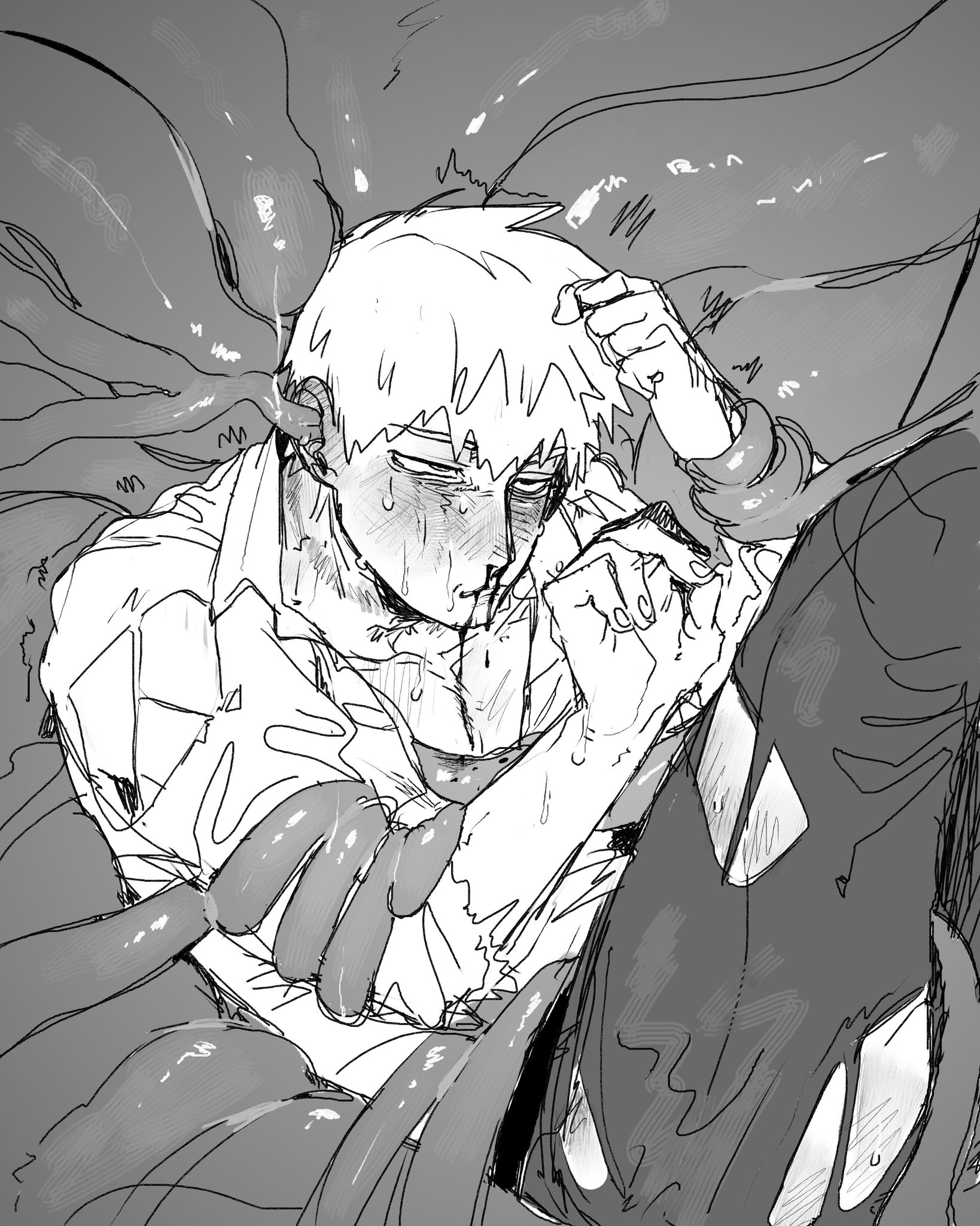 arataka reigen, bloody nose, blush, crying, crying with eyes open, dress shirt, ear penetration, gay, groping, male, male focus, male only, mind break, mind control, mob psycho 100, ripped clothing, ripped pants, ripped shirt, slime, solo male, struggling, sweat, sweatdrop, tears, tentacle, tentacle grab, tentacle rape, trapped