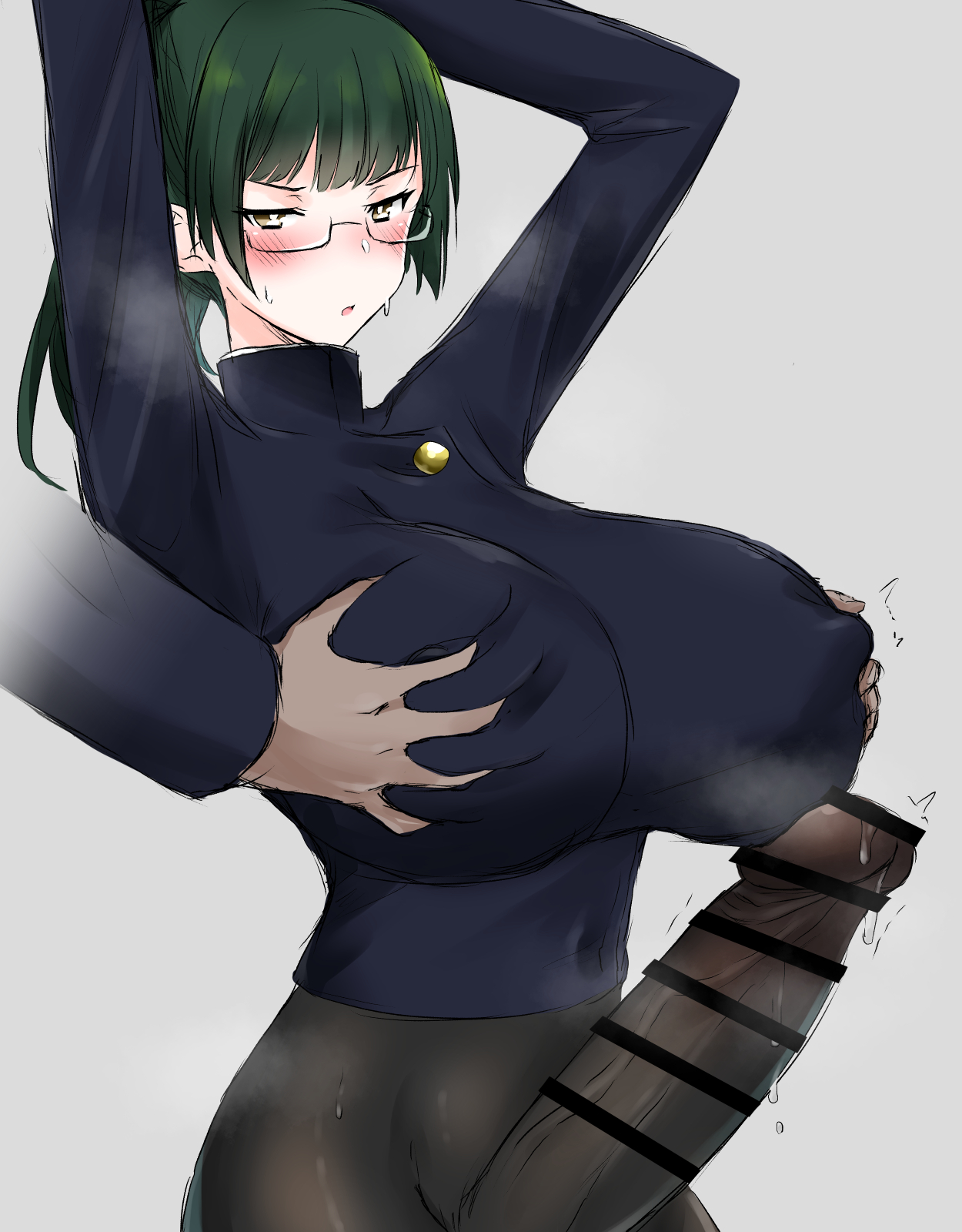 1futa, 2021, bangs, bar censor, blush, breast grab, breasts, censored, clothed, clothing, cock, dickgirl, erection, futa only, futanari, glasses, grabbing, grabbing from behind, green hair, horn grab, horny male, huge breasts, human, intersex, jujutsu kaisen, knstgg (knstsnds), knstsnds, large breasts, large penis, leggings, light skin, light-skinned futa, male, mostly clothed, penis, pervert, solo focus, thick thighs, wide hips, zenin maki