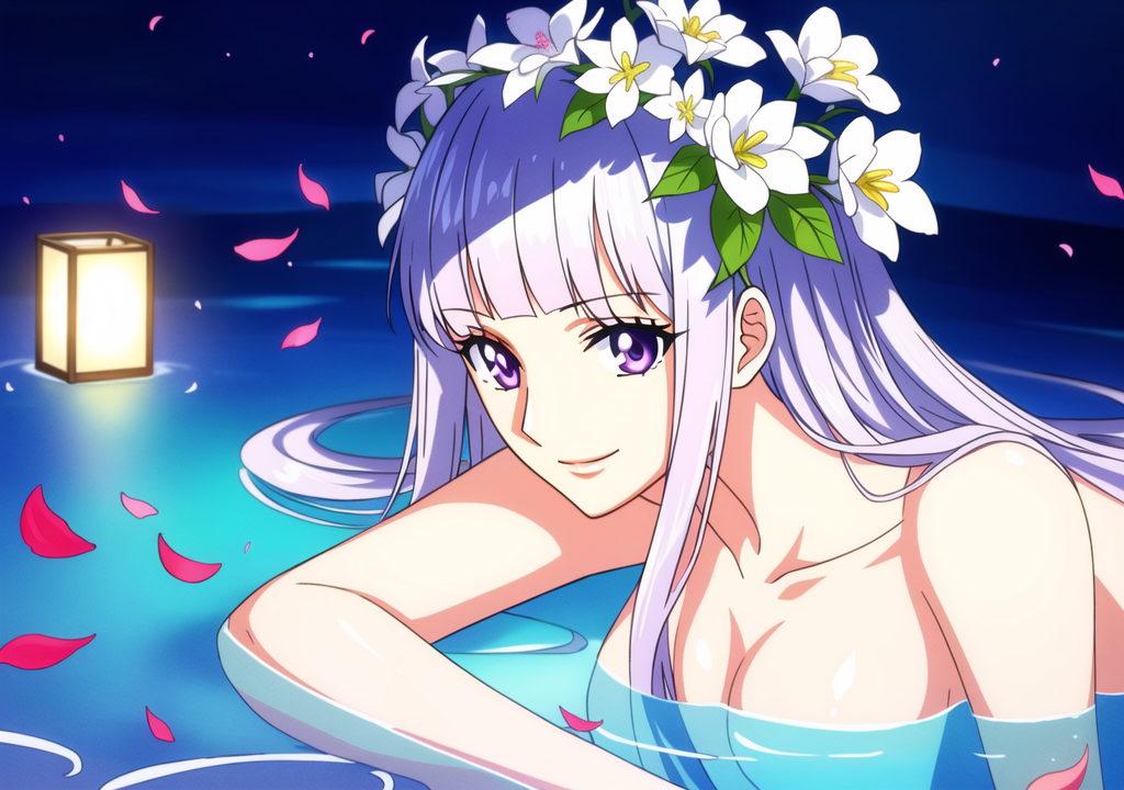 1girls ai_generated cleavage close_up collarbone female from_side head_wreath hot_spring lantern large_breasts long_hair lying_in_water naked nude petals_on_liquid purple_eyes seductive_smile silver_hair solo upper_body