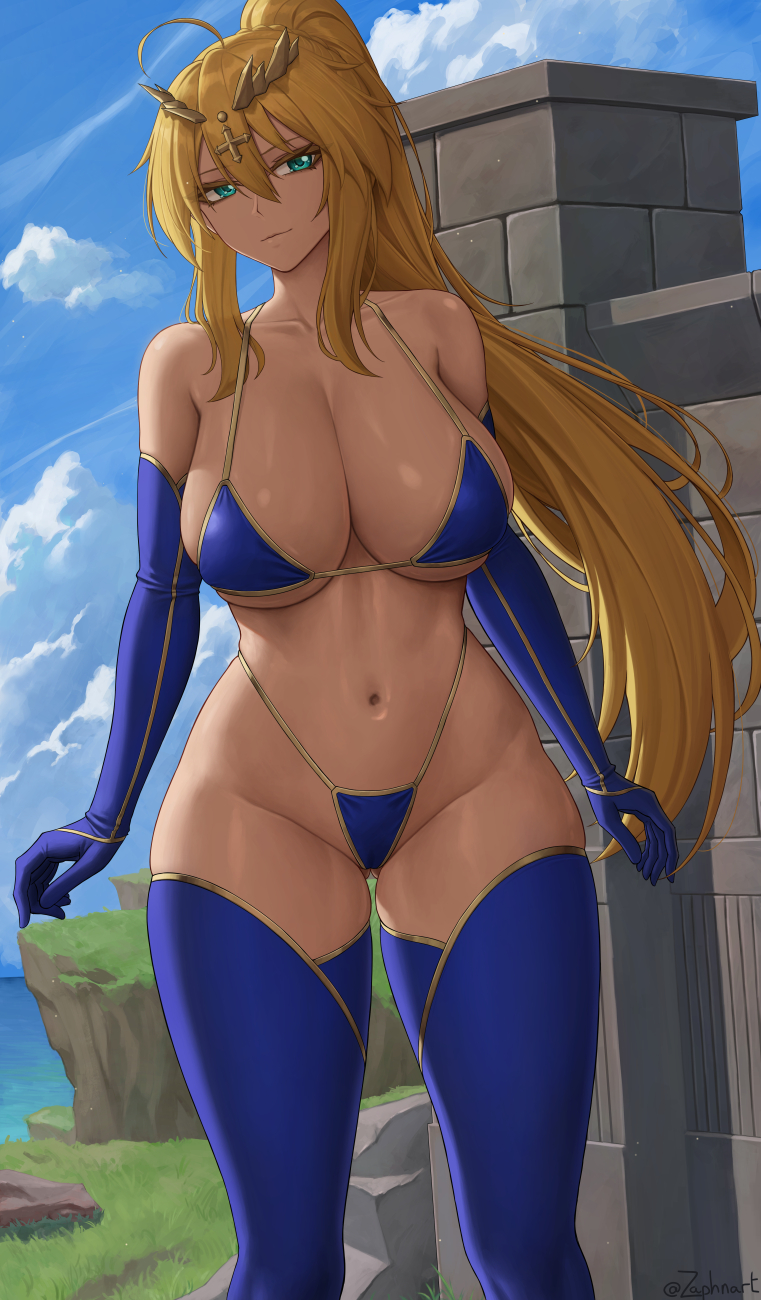 1girls, alternate version available, artoria pendragon, artoria pendragon (lancer), bikini, blonde hair, breasts, cleavage, fate (series), fate/grand order, female, green eyes, hips, huge breasts, long hair, long ponytail, naughty face, ponytail, smile, thick thighs, thighs, wide hips, zaphn