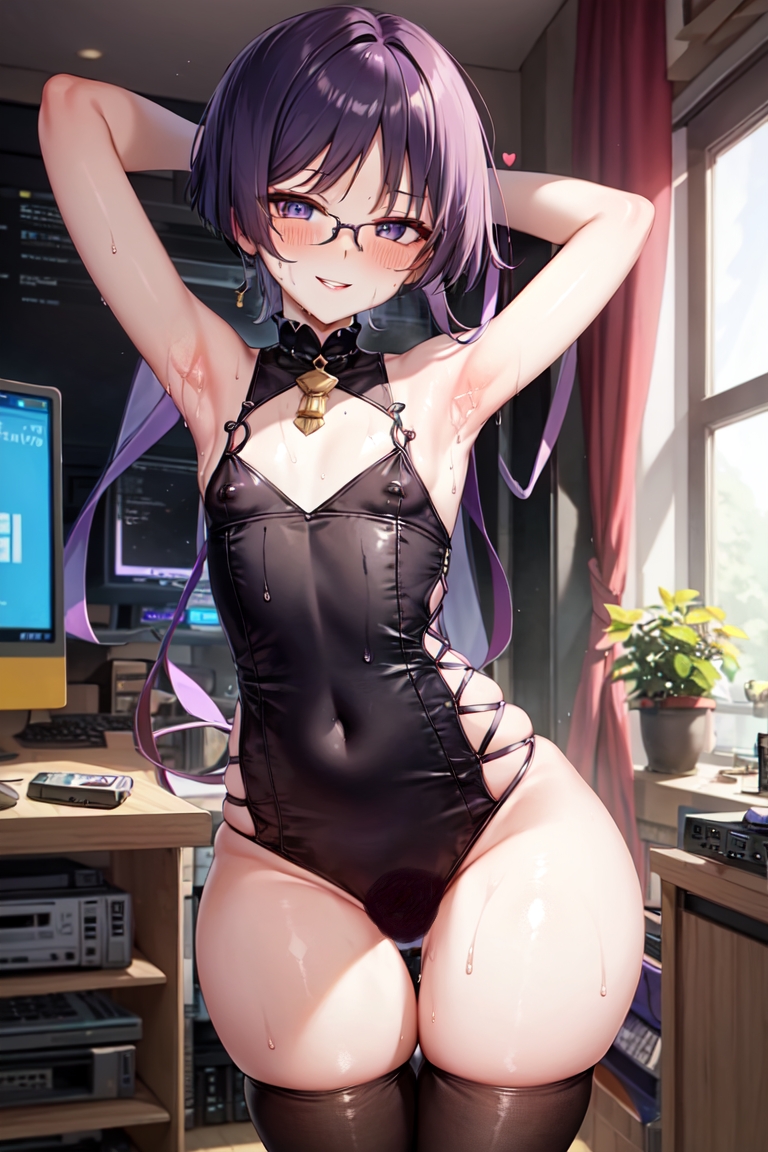 1boy ai_generated armpits arms_behind_head arms_up blush boob_window bulge clothed clothing computer curtain curvy curvy_hips femboy feminine ganyuishot7 genshin_impact girly girly_boy glasses heart indoors light_skin looking_at_viewer male navel navel_outline nipple_bulge otoko_no_ko otokonoko purple_eyes purple_hair revealing_outfit scaramouche_(genshin_impact) seductive_smile skindentation smile stable_diffusion standing sweat thick_thighs thigh_gap thighhighs wide_hips window