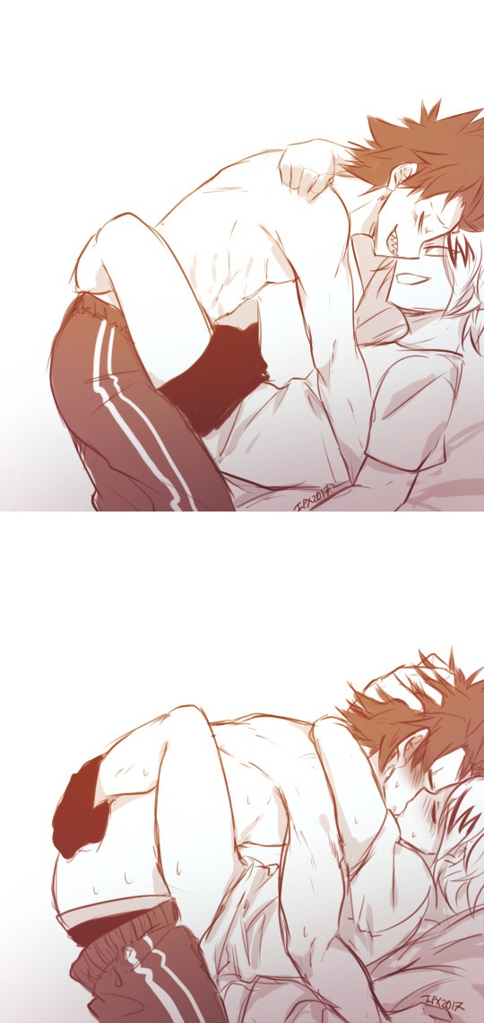 2boys, anal sex, denki kaminari, eijirou kirishima, gay, gay sex, hand in hair, hugging, kissing, legs around partner, male, male only, male penetrating, my hero academia, partially clothed, sex