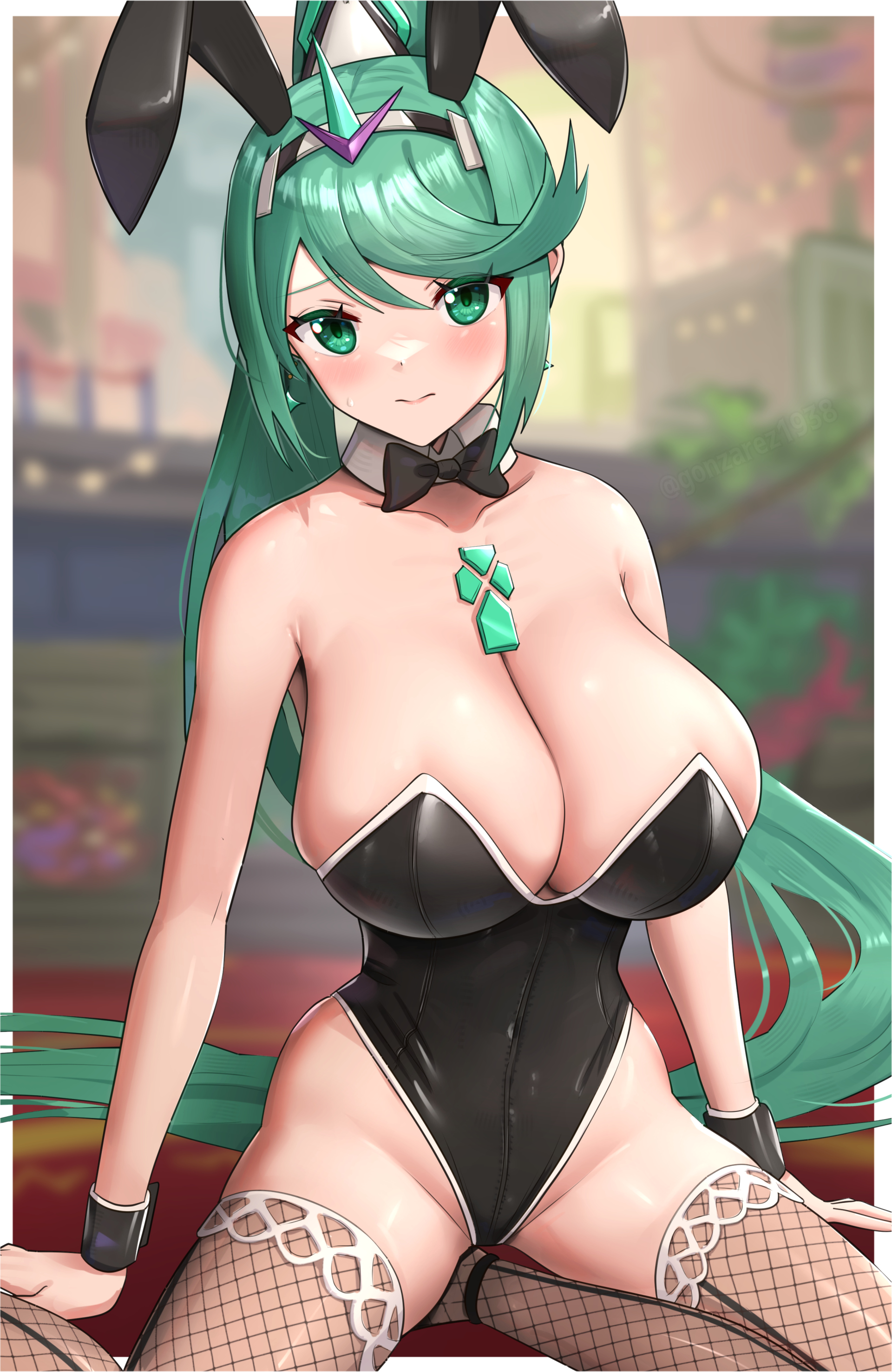 1girls, bangs, blush, breasts, bunny ears, bunny girl, bunnysuit, cleavage, core crystal, female, gonzarez, green eyes, green hair, hips, huge breasts, latex, light skin, light-skinned female, long hair, nintendo, pneuma (xenoblade), ponytail, swept bangs, thick thighs, thighs, wide hips, xenoblade (series), xenoblade chronicles 2