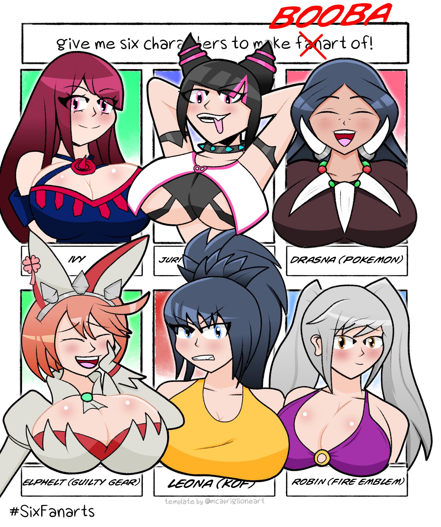 6+girls, 6girls, alternate costume, arms behind head, bikini, blush, breasts, bursting breasts, cleavage, closed eyes, drasna (pokemon), elphelt valentine, english text, female, female only, fire emblem, fire emblem awakening, fire emblem engage, fire emblem heroes, guilty gear, guilty gear xrd, ikari warriors, ivy (fire emblem), juri han, king of fighters, large breasts, leona heidern, licking lips, mature, mature female, multiple females, multiple girls, niftyrex, nintendo, o-ring bikini, official alternate costume, open mouth, pokemon, pokemon xy, purple bikini, purple swimsuit, robin (fire emblem), robin (fire emblem) (female), six fanarts challenge, smile, snk, straight hair, street fighter, street fighter 6, swimsuit, text, tongue, tongue out, twintails, white hair