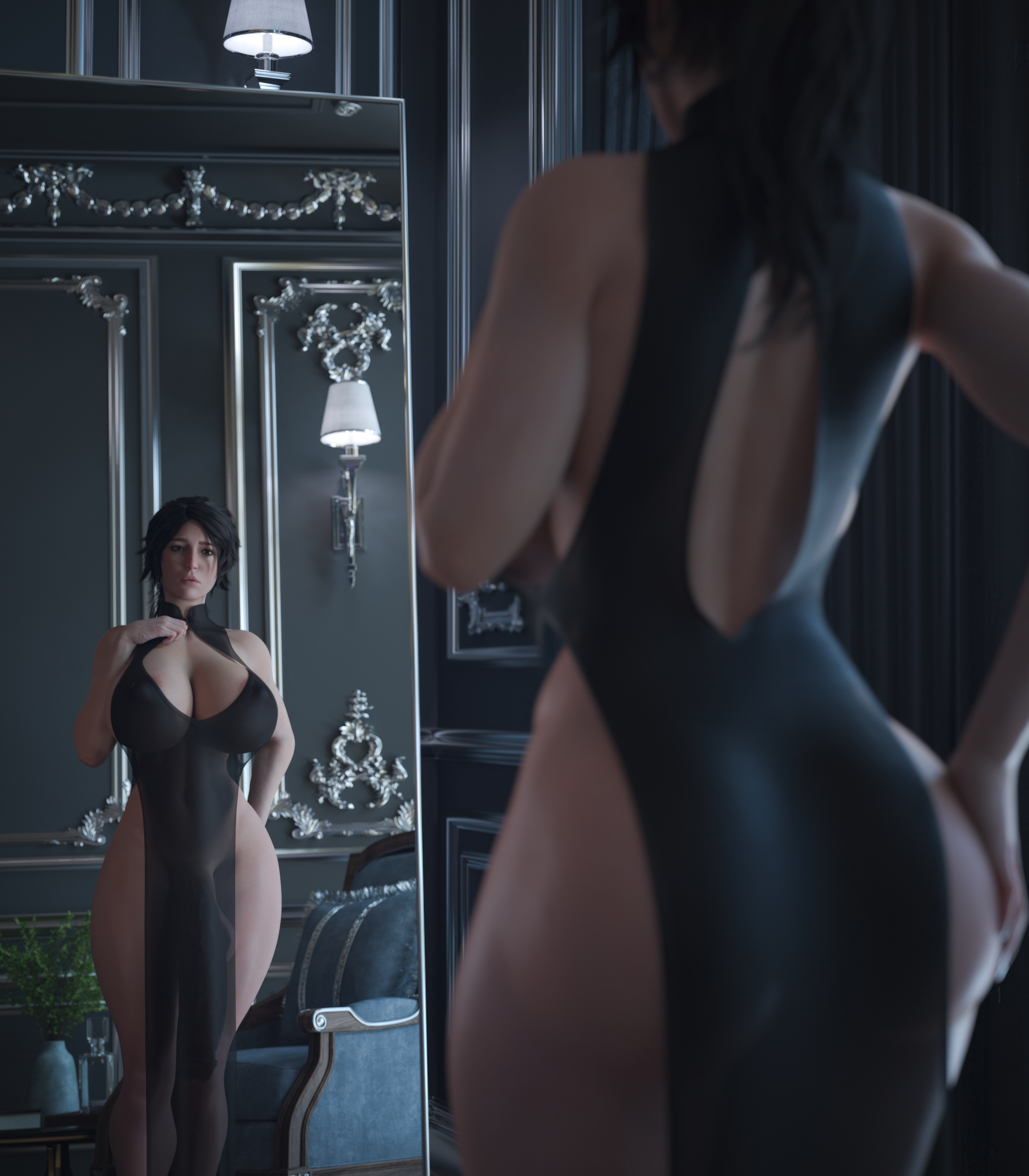 1futa, 3d, ass, big ass, black dress, breasts, breasts too big, circumcised, dress, futa only, futanari, huge breasts, huge cock, inconvenient breasts, ineffective clothing, intersex, lara croft, lara croft (survivor), large penis, mostly nude, penis, solo, stevencarson, thick thighs, tight dress, tomb raider, tomb raider (survivor), too small clothes, undersized clothes, undersized clothing, wide hips