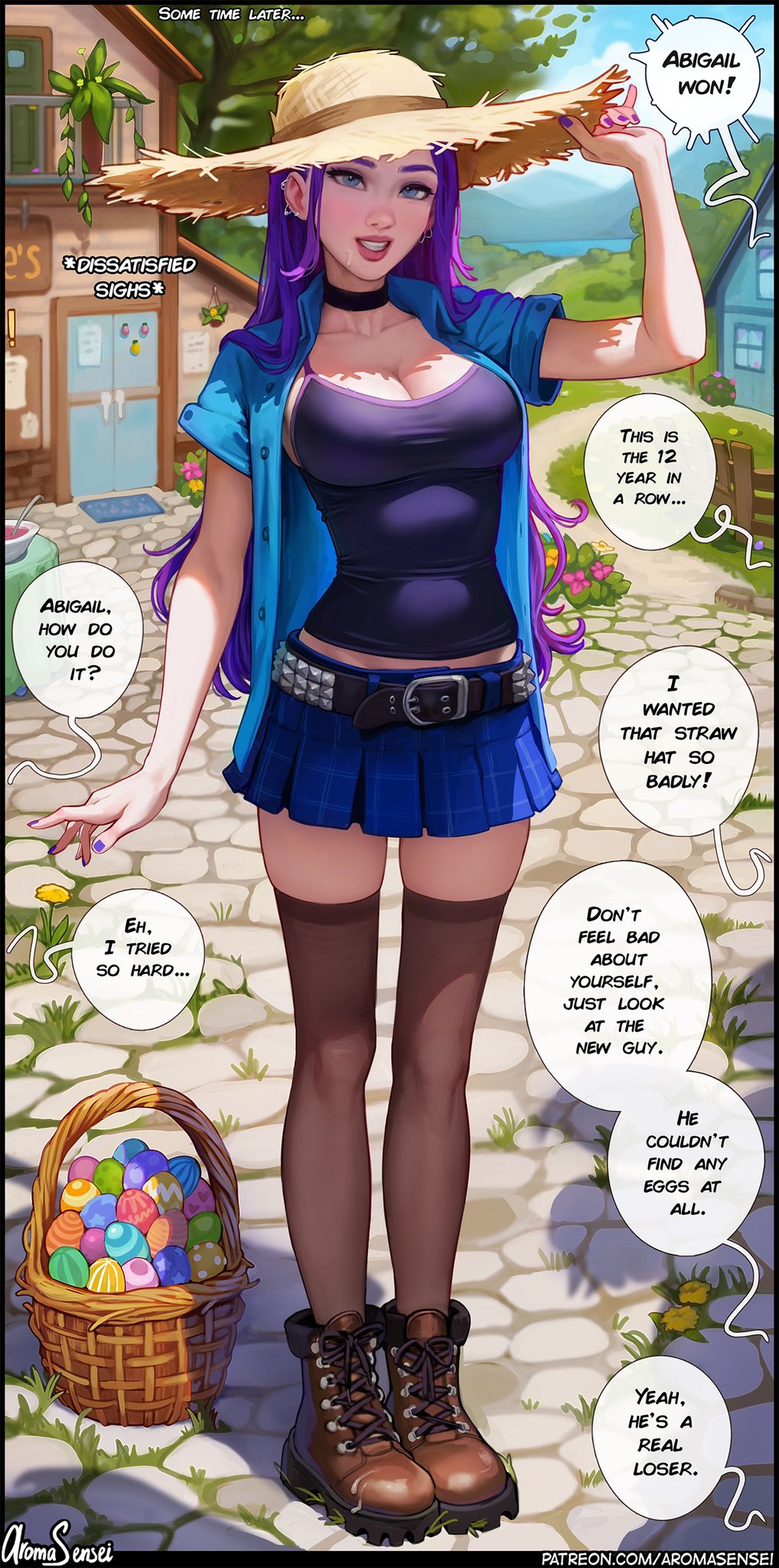 1girls abigail_(stardew_valley) aroma_sensei big_breasts breasts busty cum_on_footwear cum_on_shoes curvaceous curvy curvy_figure day daytime digital_media_(artwork) easter easter_egg egg english_text eyebrows eyelashes eyes female female_focus fit fit_female full_body fully_clothed hair hips hourglass_figure huge_breasts human large_breasts legs light-skinned_female light_skin lips mature mature_female midriff_peek nail_polish outdoors purple_hair purple_nails skirt solo standing stardew_valley straw_hat thick thick_legs thick_thighs thighs top_heavy upper_body voluptuous waist wide_hips