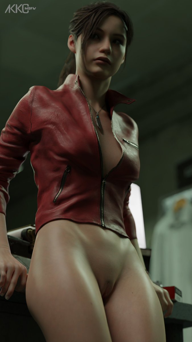 1girls, 3d, akkonsfw, blender, blue eyes, brown hair, claire redfield, claire redfield (jordan mcewen), female, female only, jacket, mostly nude, pinup, pussy, resident evil, resident evil 2, resident evil 2 remake, shaved pussy, solo