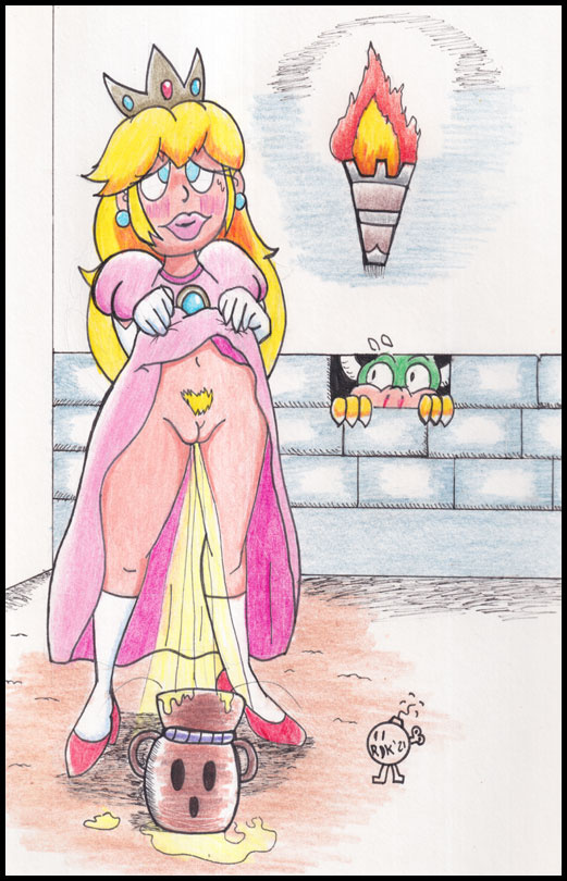 1boy 1girls 2021 blonde_hair blue_eyes bowser clothing dress dress_lift dungeon female female_focus indoors koopa male mario_(series) peeing princess_peach pubic_hair reddragonkan spying urine voyeur watersports