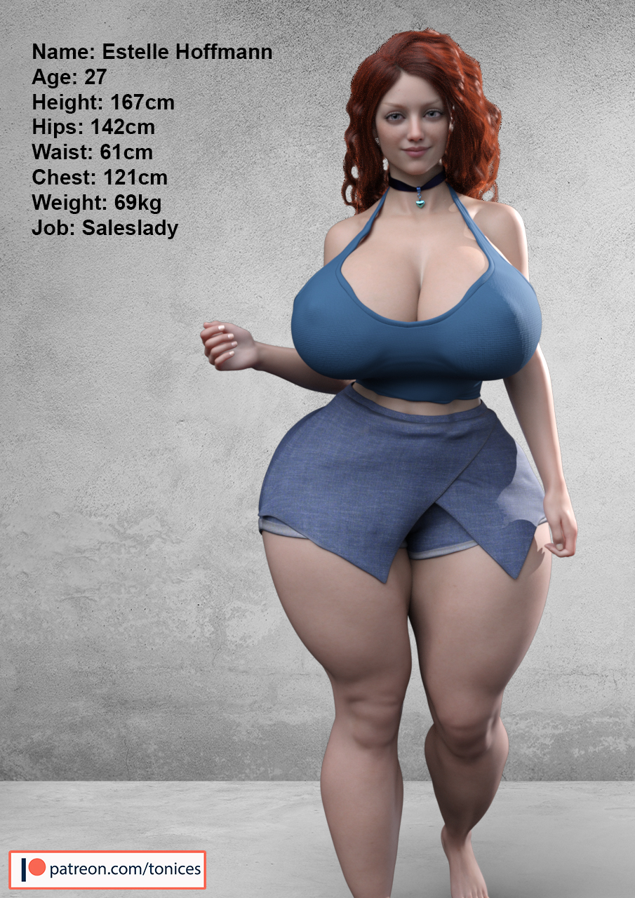 1girls, 3d, ass, big ass, big breasts, bimbo, breasts, busty, character age, character bio, character height, character profile, character sheet, character weight, cleavage, curvaceous, curvy, curvy figure, estelle hoffmann, eyebrows, eyelashes, eyes, female, female focus, female only, hair, hips, hourglass figure, huge ass, huge breasts, human, large ass, large breasts, legs, light skin, light-skinned female, lips, original, original character, red hair, reference sheet, solo, thick, thick hips, thick legs, thick thighs, thighs, three sizes, tonices, top heavy, upper body, voluptuous, waist, wide hips