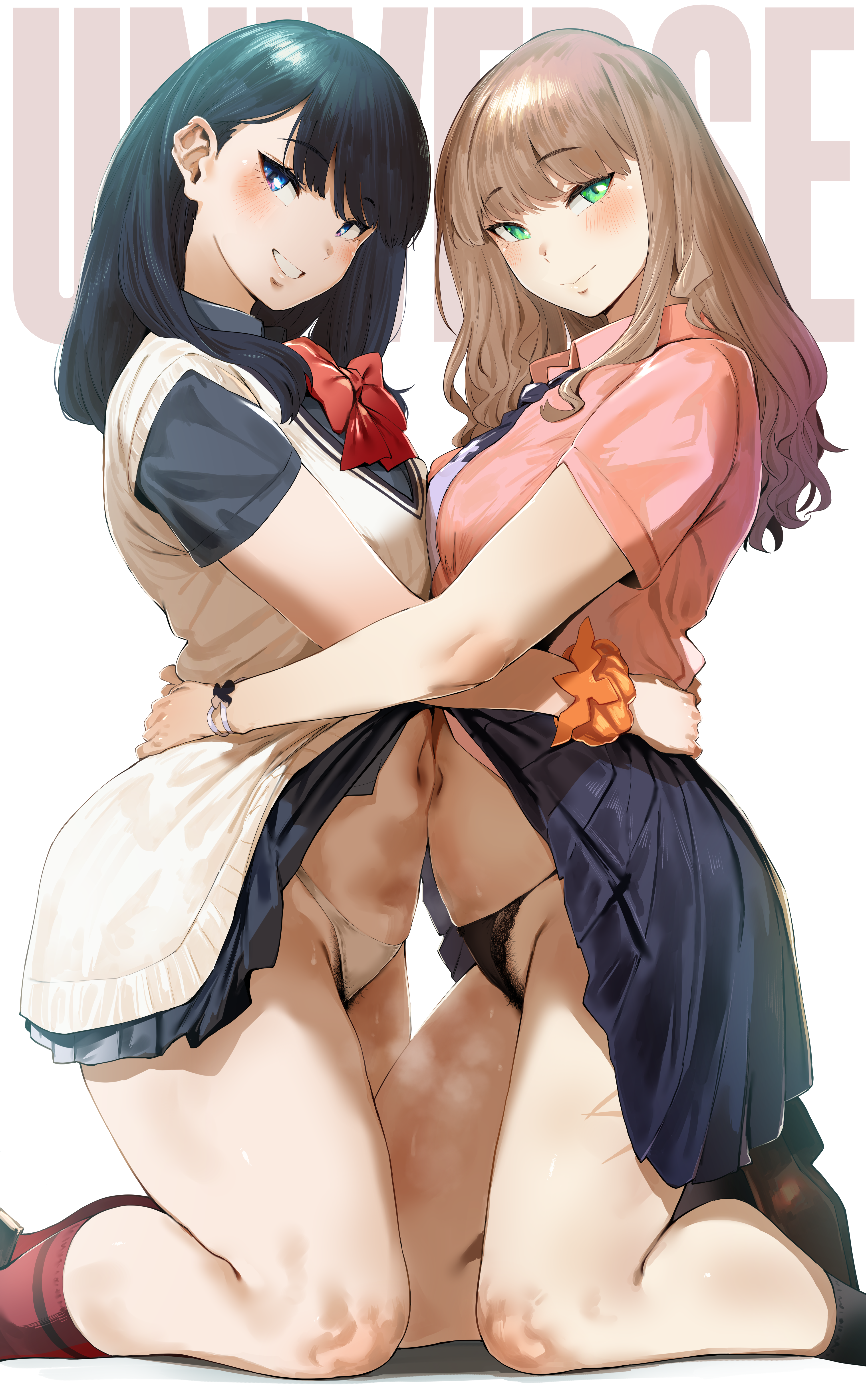 2girls, black hair, blue eyes, blush, breasts, brown hair, female, flashing panties, green eyes, gridman universe, hero neisan, hi res, light skin, light-skinned female, medium breasts, minami yume, naughty face, panties, pubic hair, pubic hair peek, school uniform, schoolgirl, smile, ssss.dynazenon, ssss.gridman, takarada rikka, thick thighs, thighs