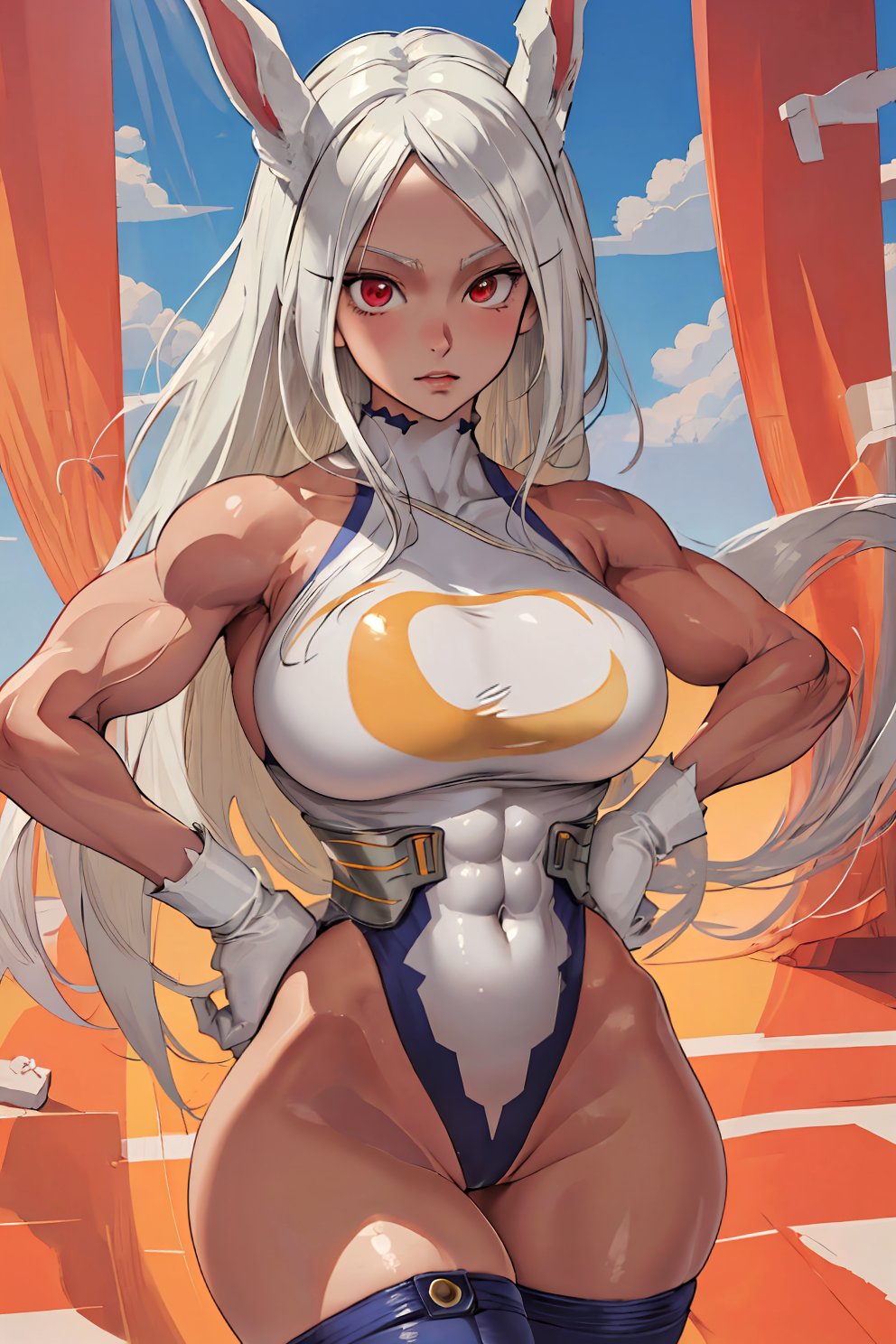 1girls, ai generated, bunny ears, bunny girl, curvaceous, curvy, curvy female, curvy figure, female, fit, fit female, latex, legwear, leotard, long hair, miruko, muscular, muscular female, my hero academia, rumi usagiyama, seductive look, stable diffusion, white hair