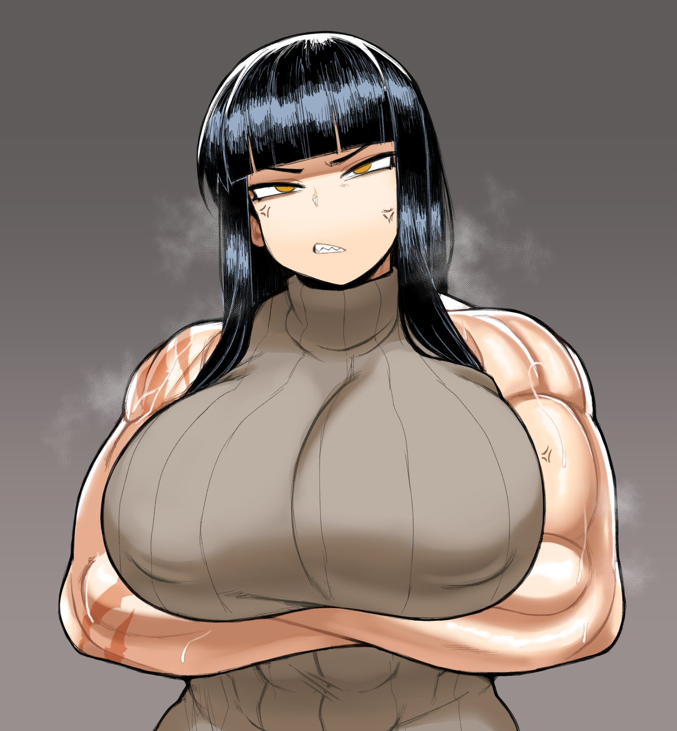 angry, biceps, breasts, female, large breasts, mctamagomaki, muscular, muscular female, power (powerslamming), powerslamming, scar, sweater