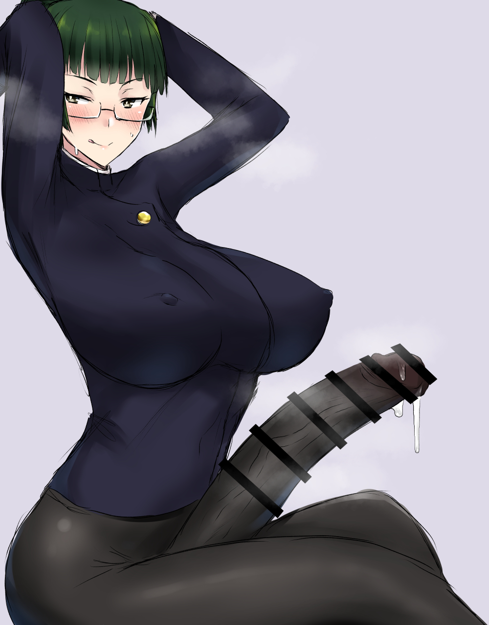 1futa, arms behind head, arms up, balls, balls under clothes, bangs, bar censor, blush, boner, breasts, censored, clothed, clothing, cock, dickgirl, erection, futa only, futanari, glasses, grabbing, green hair, huge breasts, huge cock, human, intersex, jujutsu kaisen, knstgg (knstsnds), knstsnds, large breasts, large penis, leggings, licking lips, light skin, light-skinned futa, monster cock, mostly clothed, naked, nude, penis, pink nipples, sitting, solo, thick thighs, tongue, tongue out, wide hips, zenin maki