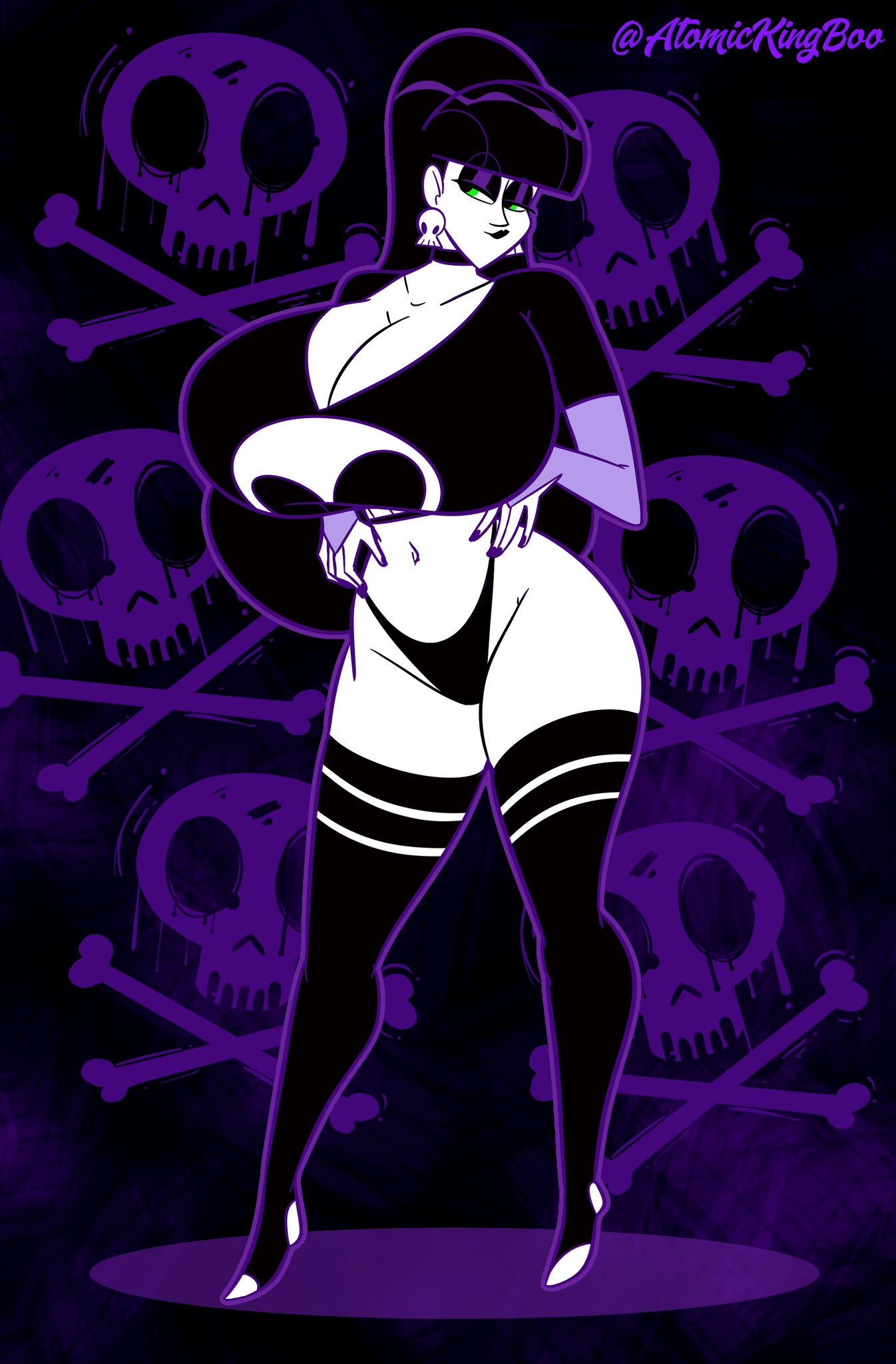 1girls, artist name, ass, atomickingboo, big ass, big breasts, big butt, black hair, black lipstick, breasts, brown hair, bust, busty, curvaceous, curvy, curvy figure, dark hair, digital drawing (artwork), digital media (artwork), eyebrows, eyelashes, eyes, female, female focus, goth, goth girl, green eyes, hair, hips, hourglass figure, huge ass, huge boobs, huge breasts, large ass, large breasts, legs, light skin, light-skinned female, lindel dollice quilten, lips, lipstick, long hair, oc, original, original character, pale skin, pale-skinned female, the besties (atomickingboo), thick, thick legs, thick thighs, thighs, top heavy, upper body, voluptuous, white body, white skin, white-skinned female, wide hips