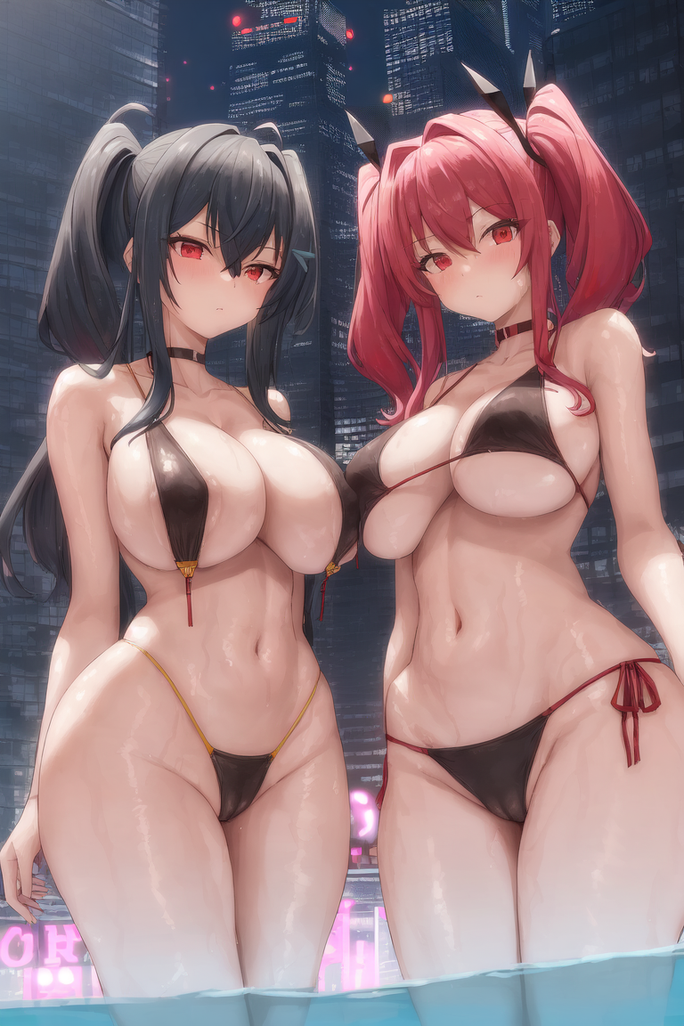 2girls, ai generated, azur lane, bikini, black hair, breasts, bremerton (azur lane), female, huge breasts, light skin, light-skinned female, long hair, looking at viewer, pink eyes, pink hair, pool, red eyes, stable diffusion, taihou (azur lane), thick thighs, thighs, twintails, water, wet