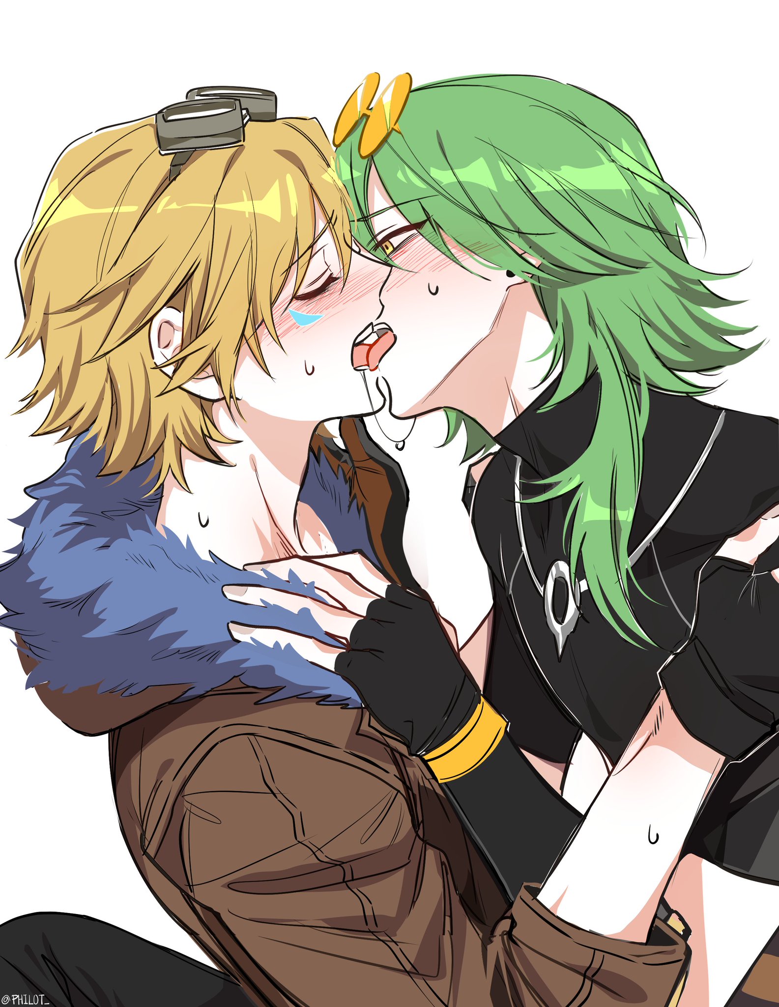 2boys, blonde hair, blush, clothed, clothing, ezreal, femboy, femboy only, gay, girly, green hair, heartsteel ezreal, heartsteel series, intersex, jacket, kissing, league of legends, male, male focus, male only, male/male, pale skin, self kiss, selfcest, soseo, tongue, tongue kiss, tongue out, yaoi