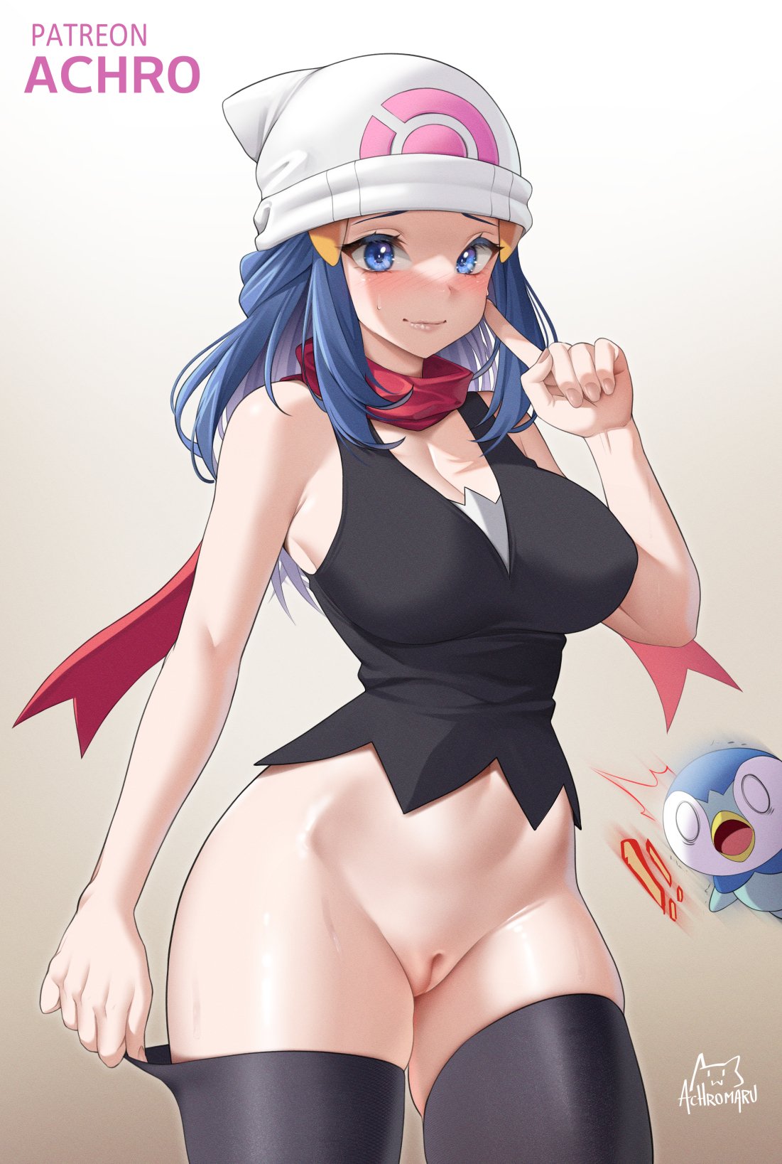 1girls achromaru aged_up alternate_breast_size blue_eyes blue_hair bottomless bottomless_female breasts dawn_(pokemon) english_text female game_freak hat huge_breasts innie_pussy light-skinned_female light_skin long_hair nintendo piplup pokemon pokemon_(species) pokemon_dppt pussy slim_waist strip_game thick_thighs thighhighs twitter_strip_game_(meme) uncensored