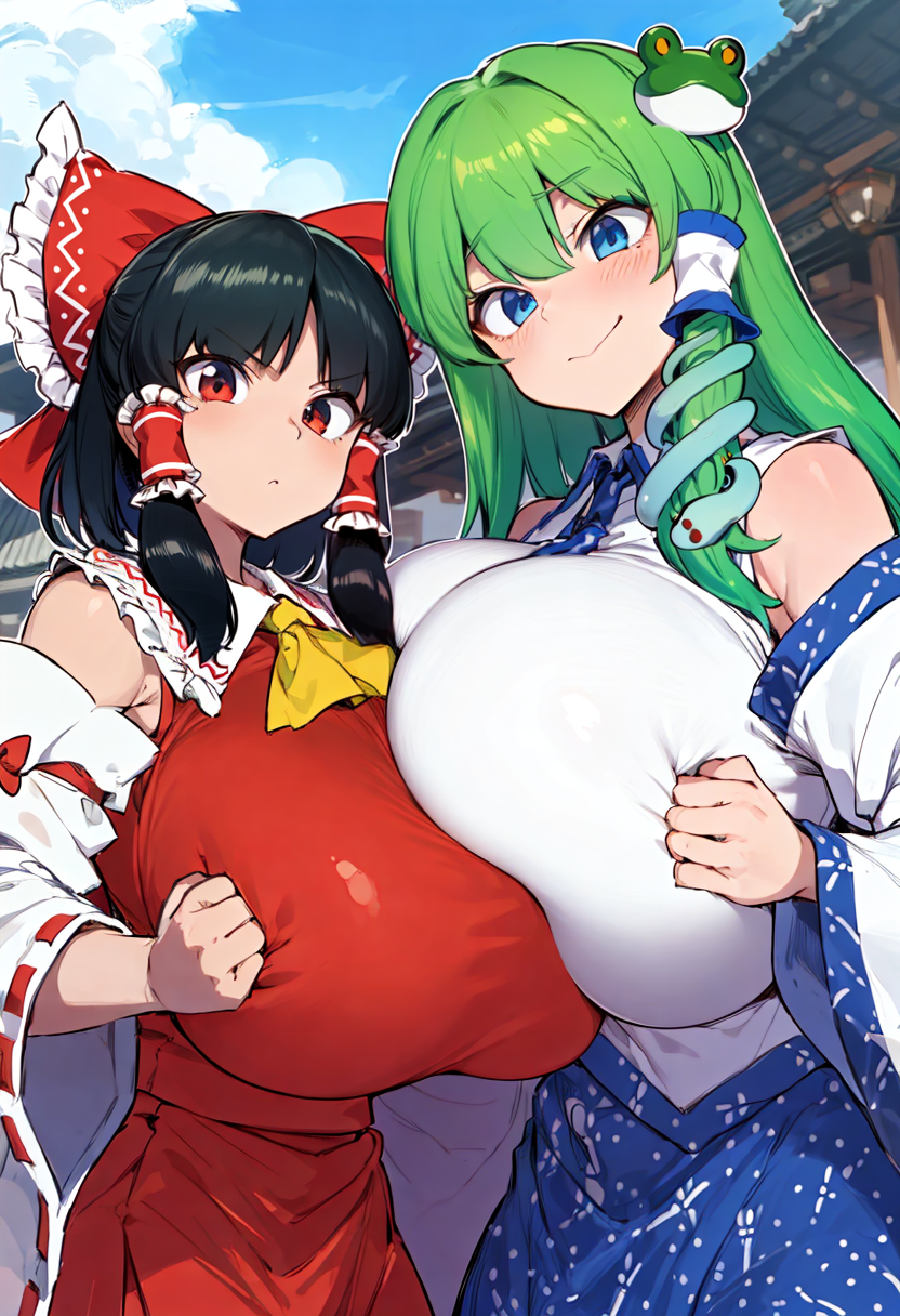 2d 2girls ai_generated bare_shoulders bigger_female black_hair blue_eyes blue_skirt blush breast_press breasts breasts_press breasts_pressed_against_partner breasts_pressed_together detached_sleeves duo female female_only frog green_hair hair_clip hair_ribbon hand_on_breast hands_on_breasts huge_breasts long_hair looking_at_viewer narrowed_eyes outdoors pov pov_eye_contact red_dress red_eyes red_skirt red_top red_topwear reimu_hakurei sanae_kochiya serious serious_look short_hair shorter_female shrine_maiden sideboob sidelocks smakiel smaller_female smile snake source squeezing squeezing_breast squeezing_breasts standing taller_female taller_girl tied_hair touhou white_top