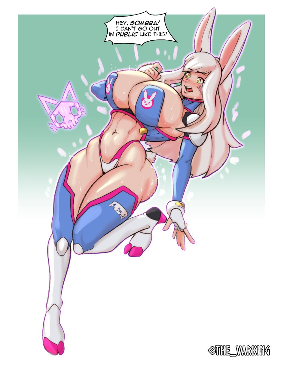 1girls, alternate breast size, anthro, ass, bimbo, bimbo body, bimbofication, bimbofied, breasts, bunny ears, bunny girl, bunny tail, cleavage, d.va, english text, female, female only, huge ass, huge breasts, human to anthro, implied transformation, overwatch, overwatch 2, revealing clothes, skimpy clothes, solo, sombra, text, the varking, thick thighs, transformation, wide hips