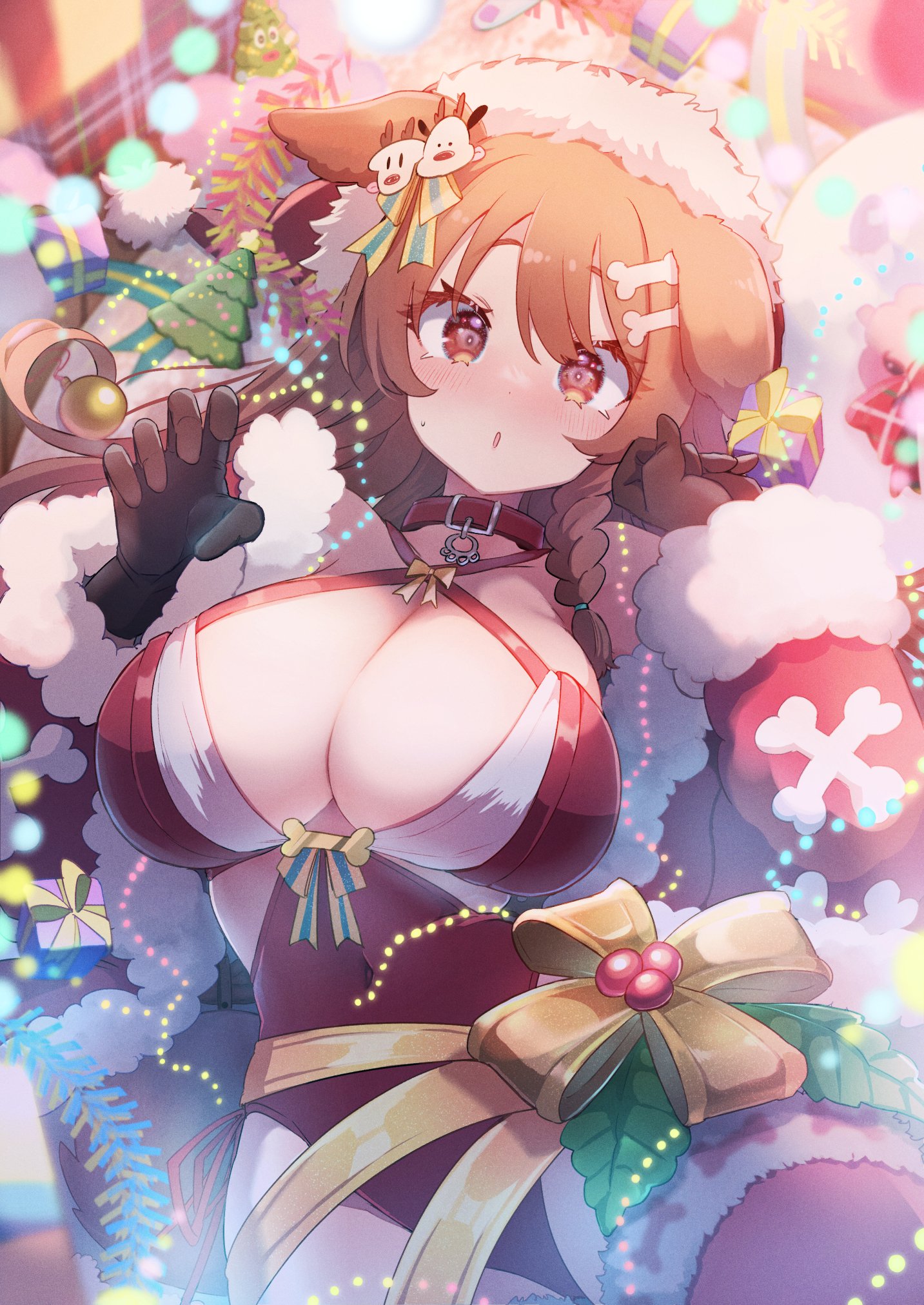 breasts, christmas, christmas outfit, cleavage, cute, dog ears, dog girl, female, hololive, hololive gamers, hololive japan, inugami korone, large breasts, virtual youtuber