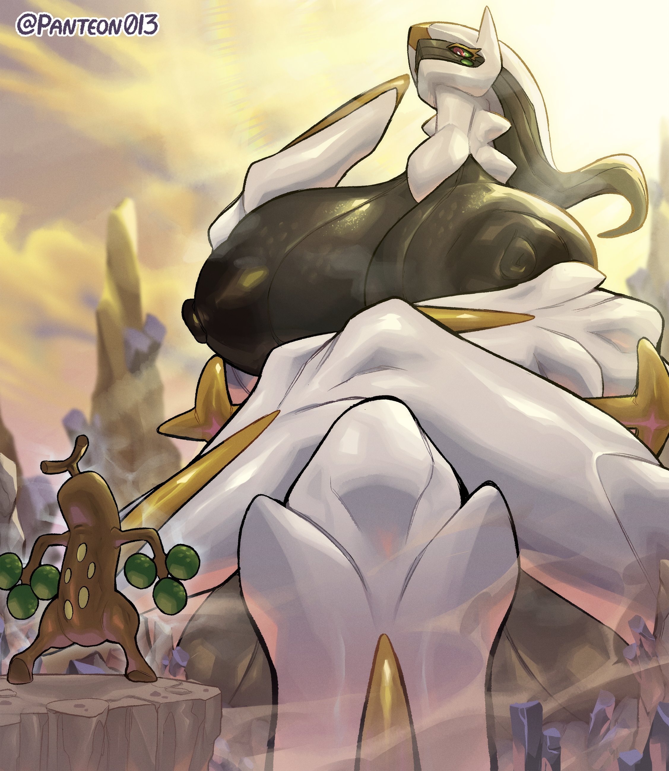 1girls, arceus, black body, breasts, female, giant female, giantess, god, goddess, green eyes, large breasts, macro, meme reference, panteon013, pokémon (species), pokemon, pokemon (species), sitting, size difference, sudowoodo, white body
