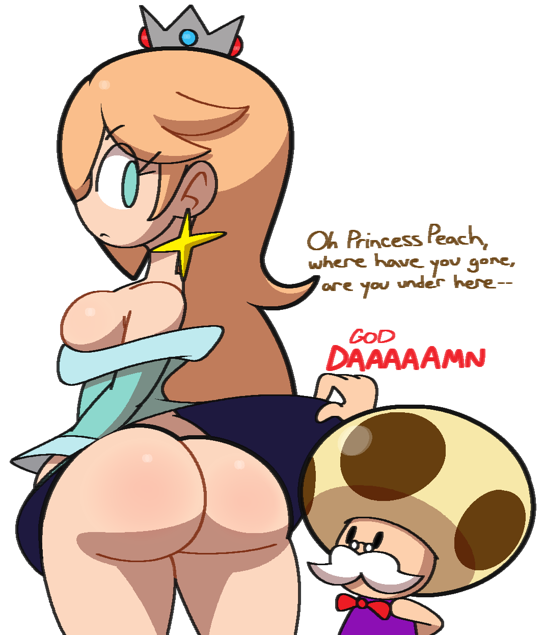 1boy 1girls 2023 ass ass_focus backboob big_ass big_breasts blonde_hair blue_eyes boob_window bottomless bubble_ass bubble_butt checking_under_clothes clothed female larger_female lifting_clothing lifting_dress male mario_(series) nintendo no_bra no_underwear old_man princess_rosalina smaller_male super_mario_galaxy tagme thick_ass thick_legs toad_(mario) toadsworth underass vilepluff voluptuous wide_hips