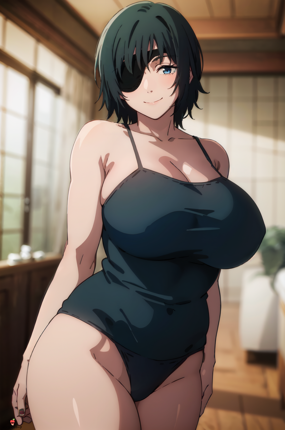 1girls, ai generated, alternate breast size, bare legs, bare shoulders, bare thighs, big breasts, black hair, blue eyes, blush, breasts, chainsaw man, eyepatch, female, female only, himeno (chainsaw man), hourglass figure, huge breasts, large breasts, light skin, light-skinned female, long hair, looking at viewer, nai diffusion, no bra, panties, pinup, ringohanbagu, sagging breasts, shoulder length hair, smile, solo, solo focus, stable diffusion, tank top, thick thighs, thighs, underwear, voluptuous, voluptuous female, watermark