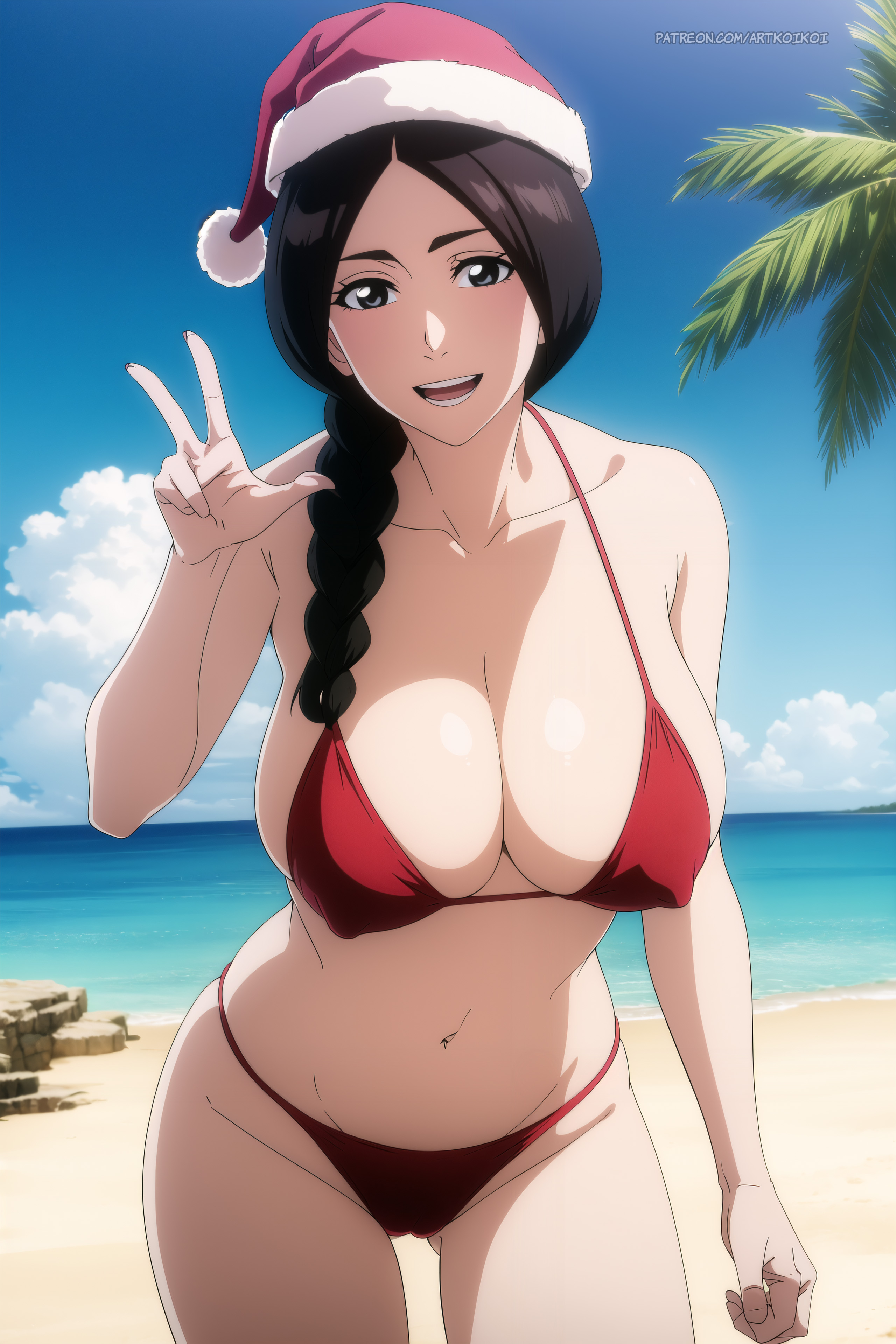 1girls, ai generated, artist name, beach, big breasts, bikini, bikini bottom, bikini top, black hair, bleach, bleach: the thousand-year blood war, blue eyes, braid, braided ponytail, breasts, christmas, cleavage, curvaceous, curvy, curvy body, curvy figure, erect nipples, female, female focus, huge breasts, koikoi, large breasts, light skin, light-skinned female, long hair, mature, mature female, midriff, milf, nai diffusion, nipples, ocean, pale skin, pale-skinned female, palm tree, patreon username, peace sign, pose, posing, puffy nipples, sand, santa hat, seaside, stable diffusion, swimsuit, text, tied hair, unohana retsu, url, v sign, very long hair, voluptuous, voluptuous female, water, watermark, web address