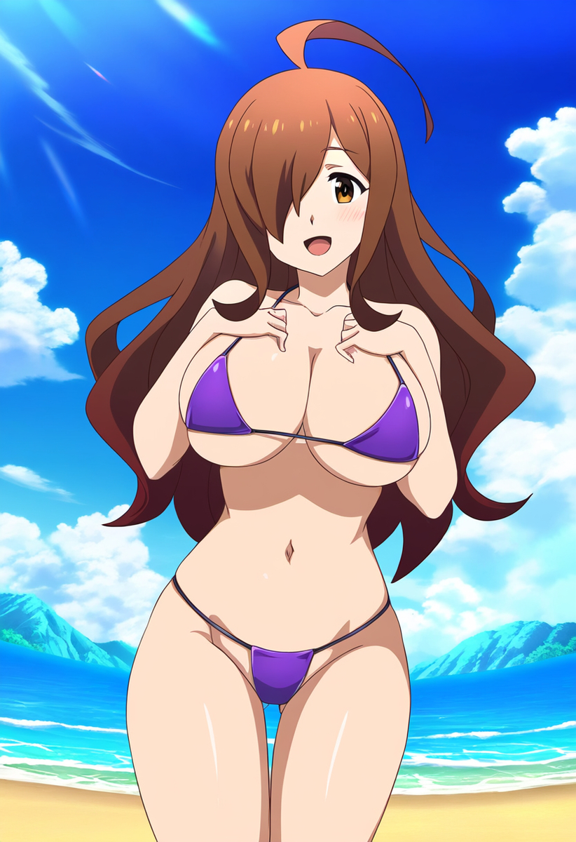 1girls ahoge ai_generated amber_eyes beach bikini breasts brown_hair day daytime dokidoki_ninja facing_viewer female hair_over_one_eye kono_subarashii_sekai_ni_shukufuku_wo! light-skinned light-skinned_female looking_at_viewer navel open_mouth outdoors purple_bikini sea sky smile smiling_at_viewer solo solo_female standing wiz_(konosuba)