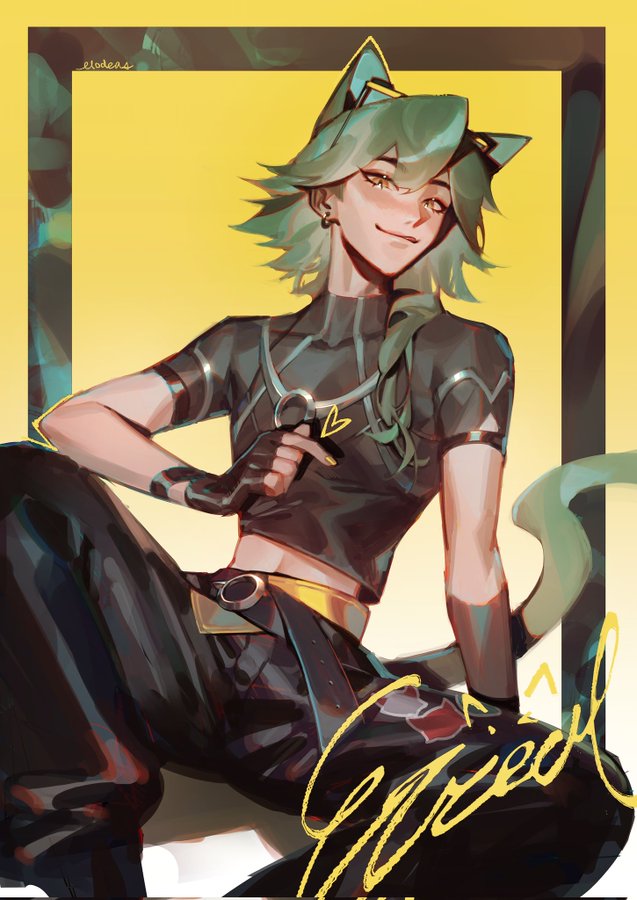 1boy, animal ears, cat boy, cat ears, cat tail, catboy, clothing, crop top, elodeas, ezreal, green hair, heartsteel ezreal, heartsteel series, league of legends, male, male focus, male only, sole male, solo, solo male, tail