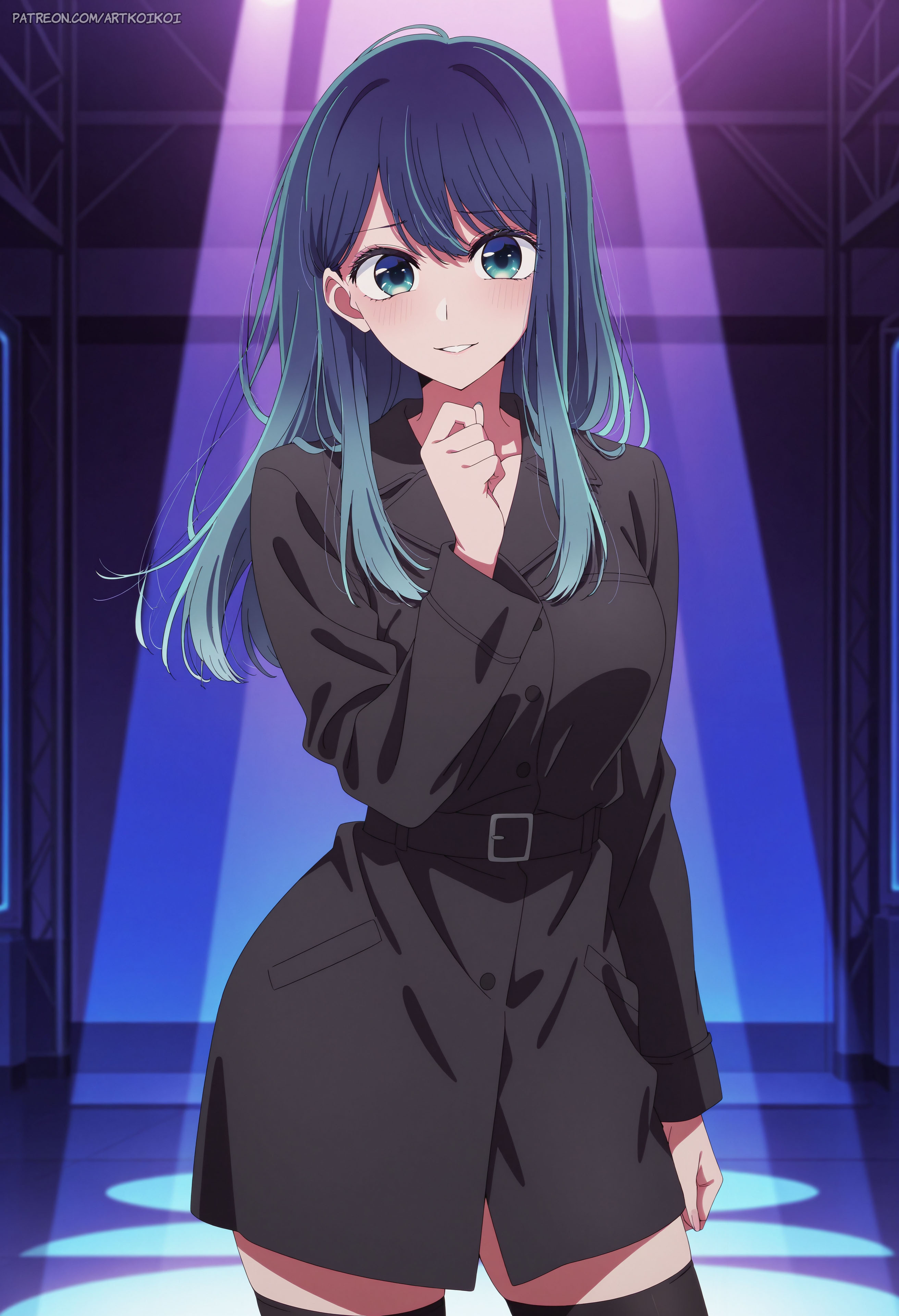 ai generated, artkoikoi, asian, asian female, big breasts, blue eyes, blue hair, blush, breasts, female, green eyes, highres, hourglass figure, kurokawa akane, looking at viewer, oshi no ko, patreon, patreon username, posing, posing for the viewer, stockings, thighhighs, trenchcoat