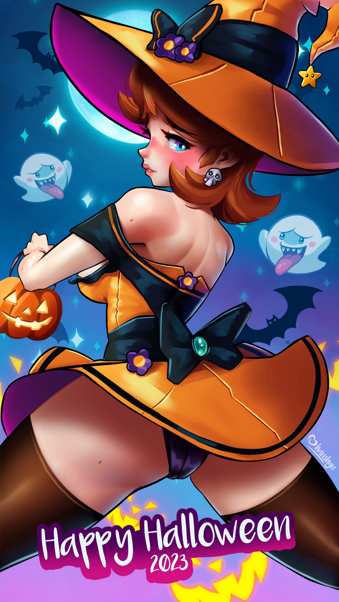 2023 boo_(mario) halloween hanshyn mario_(series) princess_daisy skull_earrings stockings tagme tagme_(artist) text upskirt witch_costume witch_hat