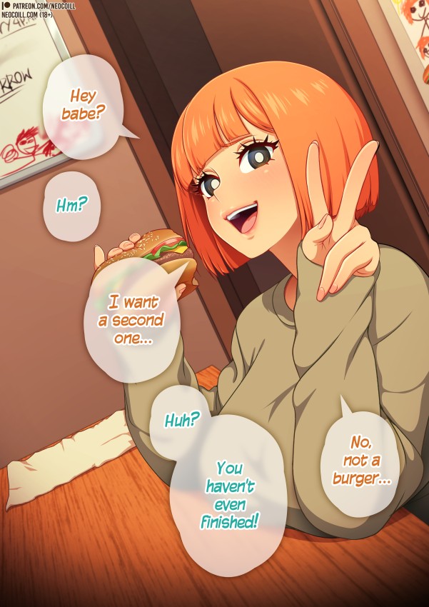 1girls, big breasts, bob cut, breasts, busty, curvaceous, curvy, curvy body, curvy female, curvy figure, dad (japanese mcdonald's commercial), english, english text, female, hamburger, huge breasts, husband and wife, impregnation request, large breasts, mcdonald's, milf, mom (japanese mcdonald's commercial), mother, neocoill, orange hair, peace sign, text, voluptuous, yoru mac
