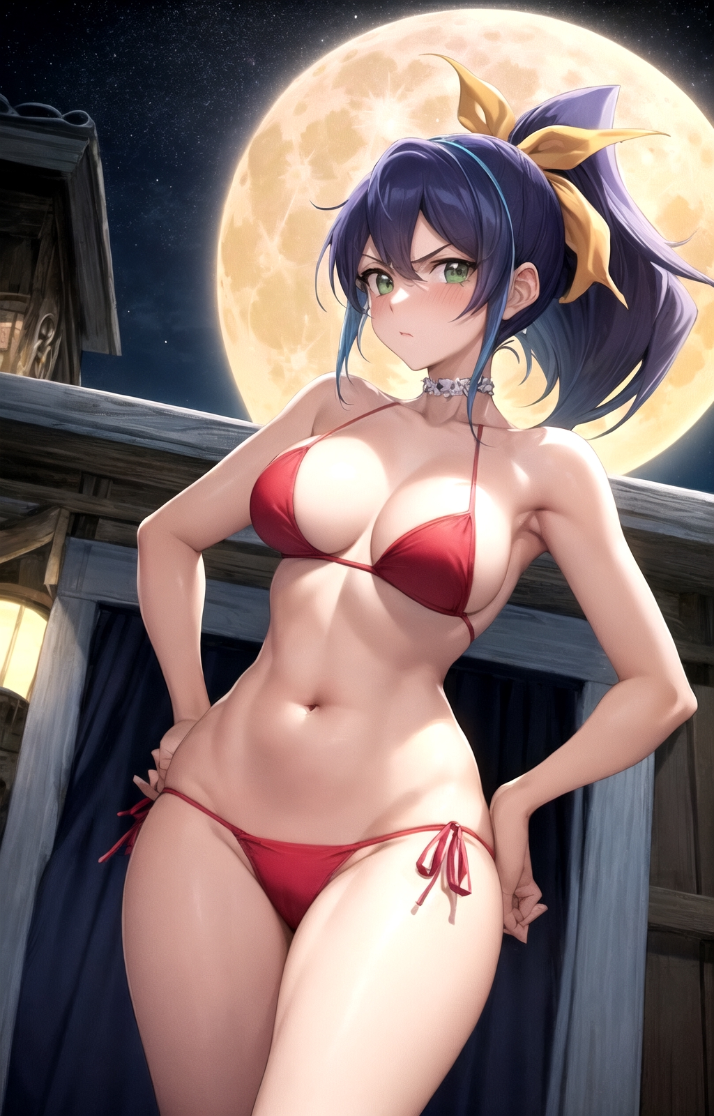 1girls ai_generated beach_background bikini blue_hair blush bra breasts celina cyan_hair d_rikazangetsu female hi_res huge_breasts looking_at_viewer looking_back navel ponytail pose ribbon serena_(yu-gi-oh!_arc-v) serious solo yu-gi-oh! yu-gi-oh!_arc-v