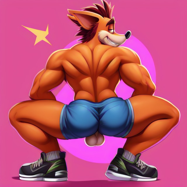 1:1 1boy ai_generated anthro ass balls bandicoot broly_culo crash_(series) crash_bandicoot footwear frosting.ai fur furry furry_only gay looking_at_viewer looking_back lowres male male_only marsupial muscular muscular_male orange_eyes pink_background red_hair seductive_smile self_upload shorts simple_background socks solo squatting tagme tan_fur two_tone_fur video_games