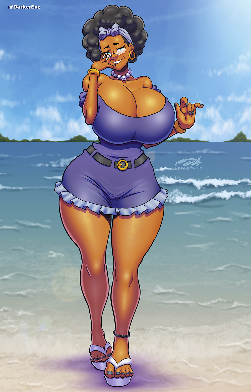 1girls afro beach big_breasts biting_own_lip black_hair blue_eyes dark-skinned_female dark_skin darkereve dress earrings female female_only gilf glasses hairband hi_res looking_at_viewer mature mature_female rita_cadela seaside smiling smiling_at_viewer solo thick_thighs wide_hips