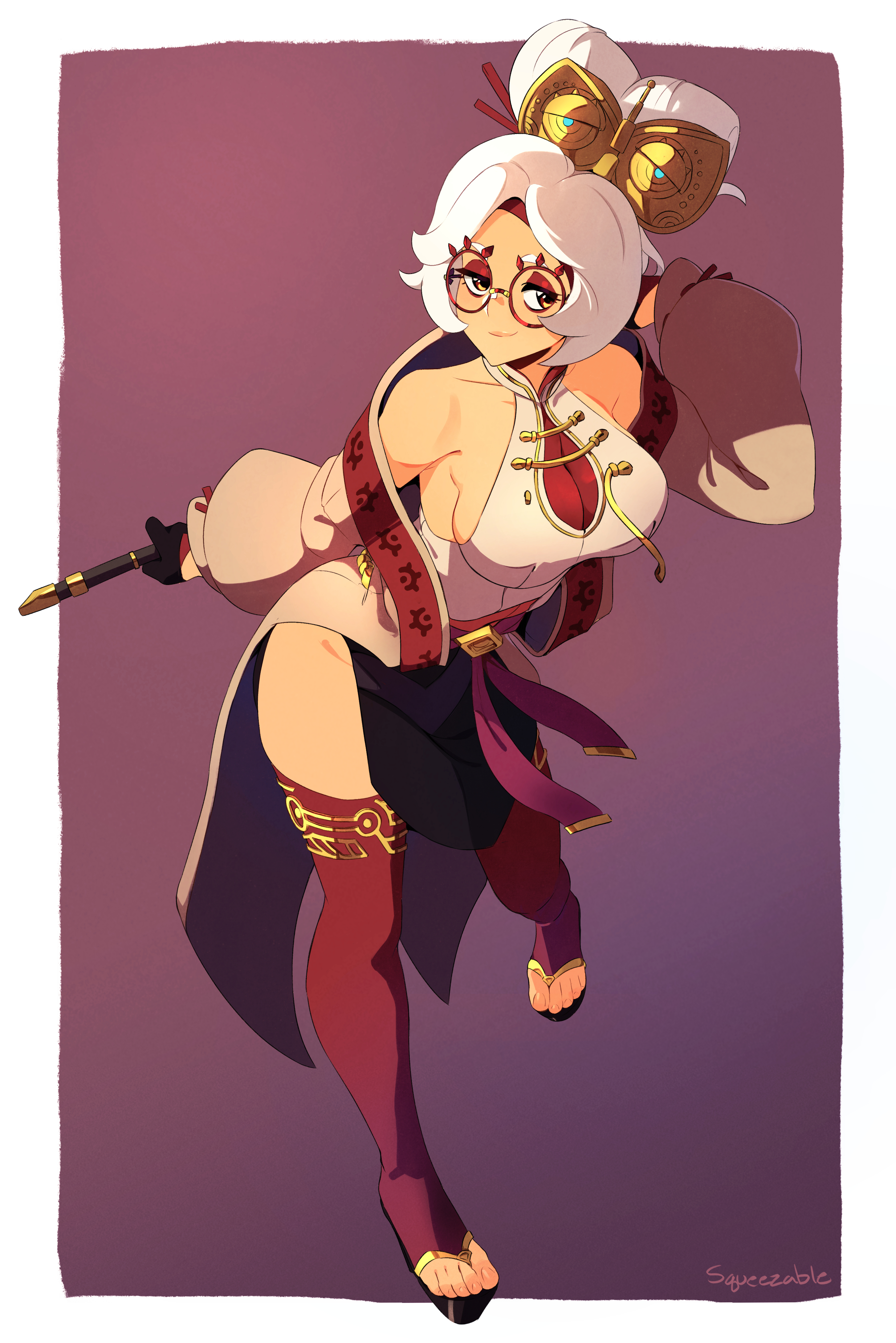 1girls, bare shoulders, breasts, clothed, clothing, female, female only, glasses, hair ornament, nintendo, purah, purah (tears of the kingdom), smile, solo, squeezable, tagme, tears of the kingdom, the legend of zelda, white hair