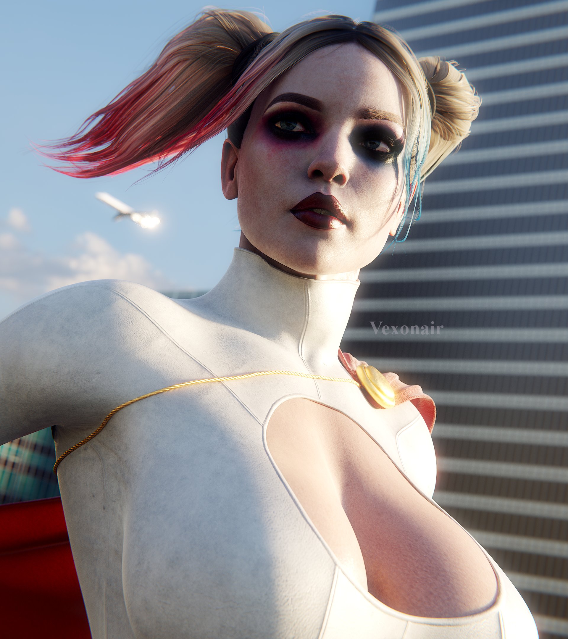 1girls, 3d, batman (series), big breasts, blonde hair, boob window, breasts, busty, cleavage, cleavage cutout, cosplay, costume, dc, dc comics, female, female focus, female only, full color, fully clothed, harley quinn, harley quinn (injustice), hourglass figure, injustice 2, multicolored hair, no penetration, pose, posing, power girl (cosplay), solo, solo female, superman (series), tagme, vexonair, wide hips