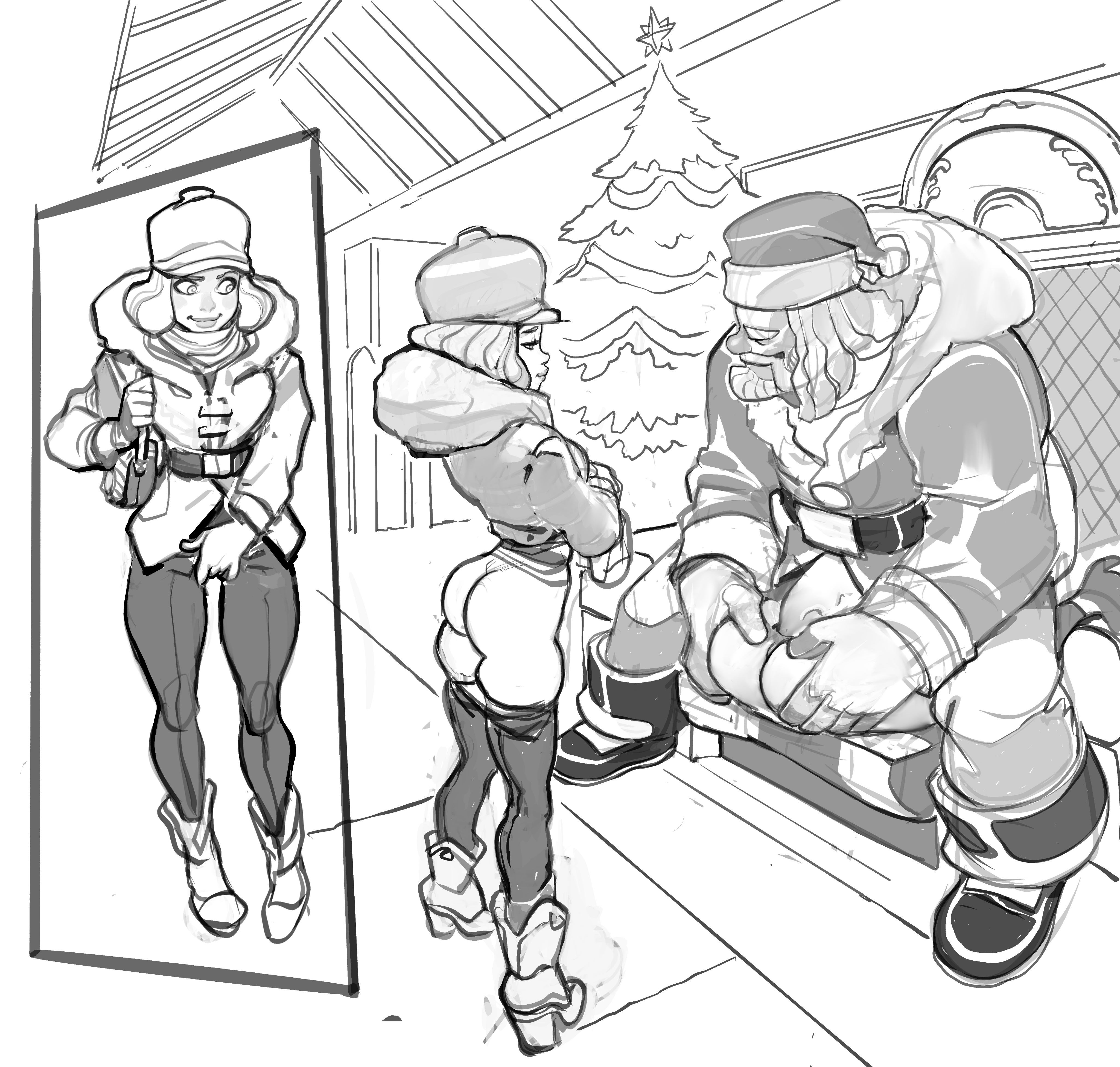 1boy, 2girls, ass, big ass, big penis, black and white, female, jjfrenchie, joel jurion, male, pants down, penis, pussy, santa claus, sex, touching pussy, touching self