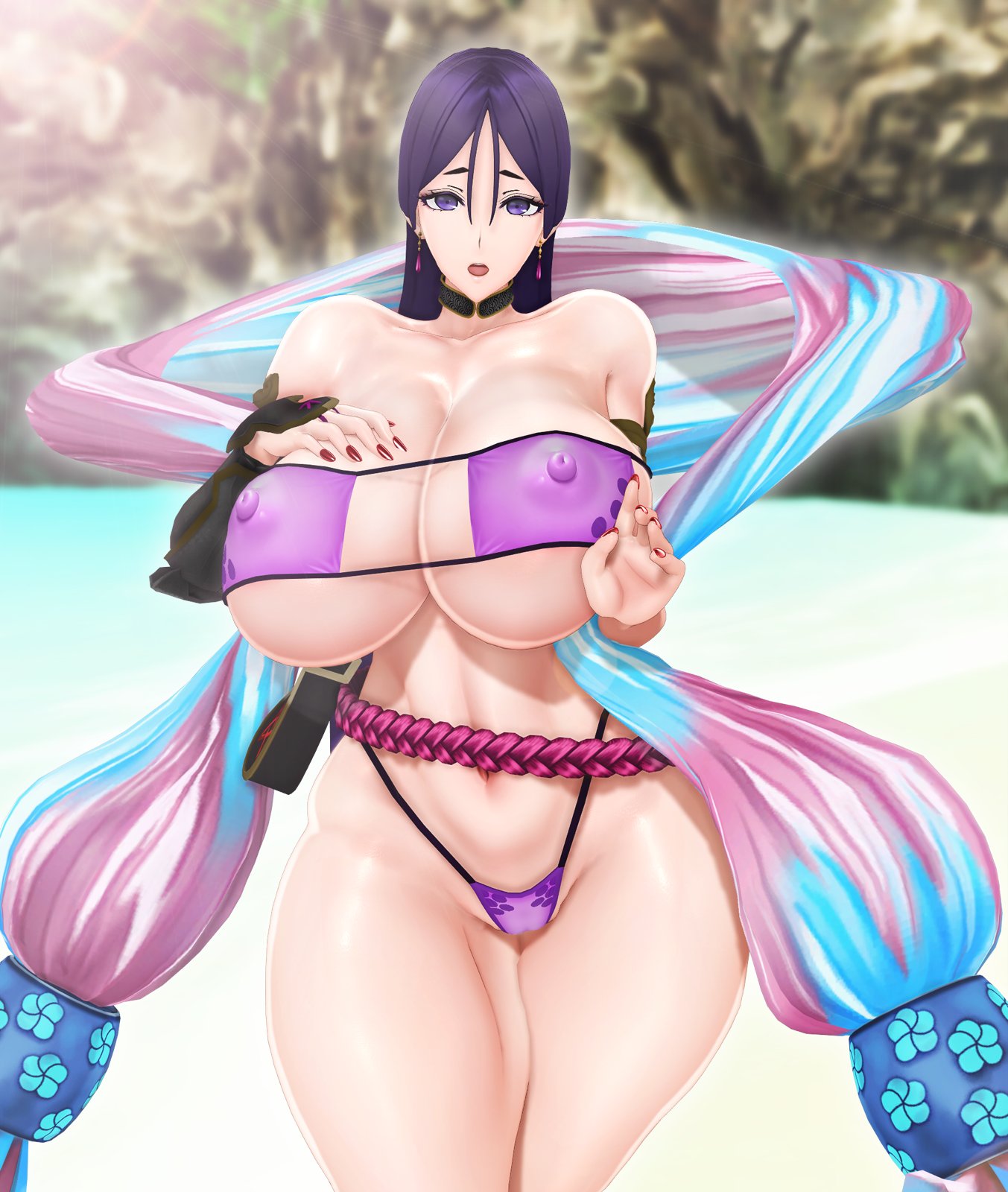1girls, 3d, beach, bikini, breasts, cameltoe, fate (series), fate/grand order, female, female only, front view, huge breasts, mature female, minamoto no raikou (fate/grand order), negakura imu, purple hair, pussy, skimpy bikini, swimsuit, tagme
