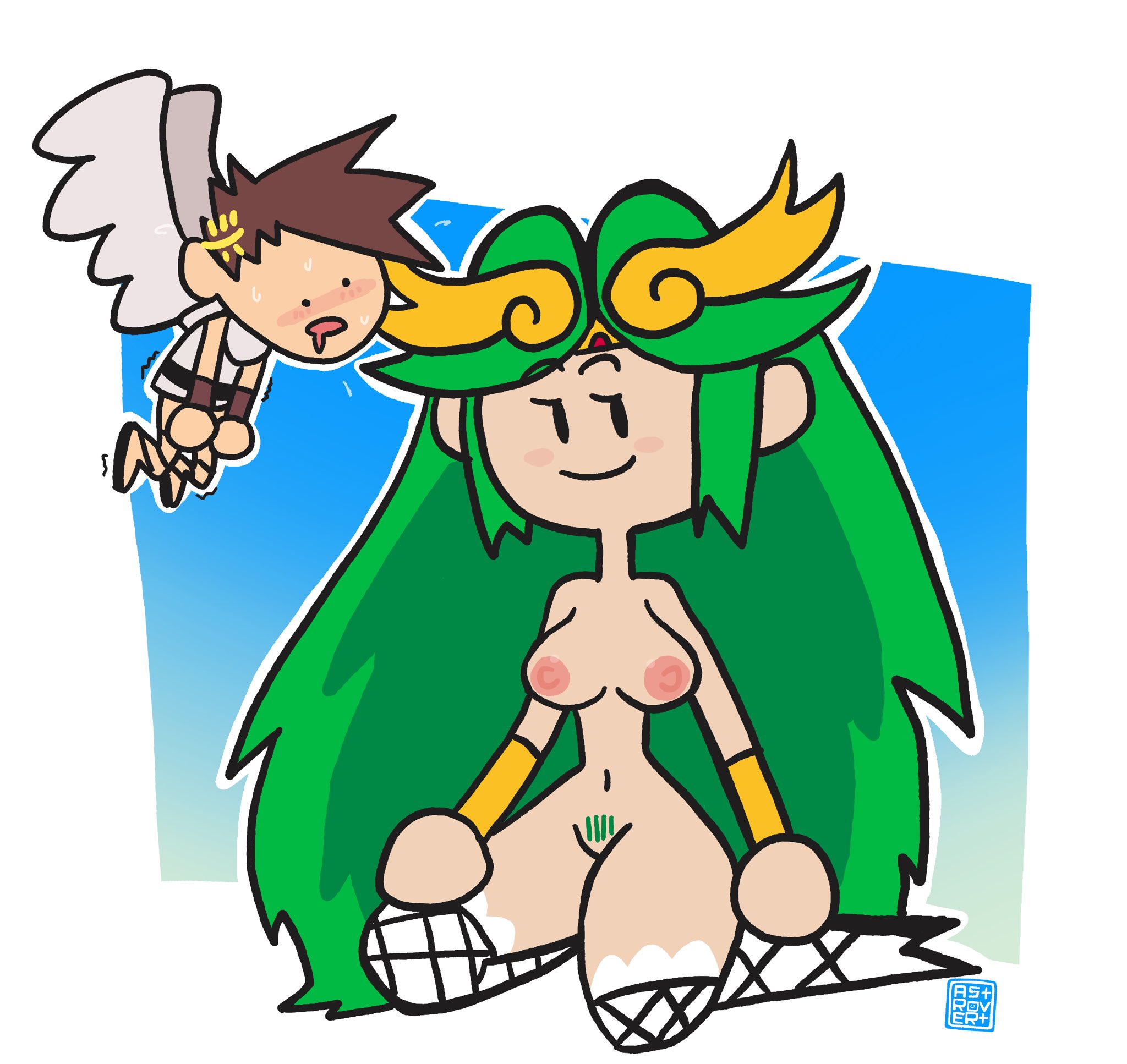 breasts, chibi, drooling, female, fishnets, green hair, kid icarus, kid icarus uprising, nastrovert, nude, palutena, pit (kid icarus), pubic hair, terminalmontage