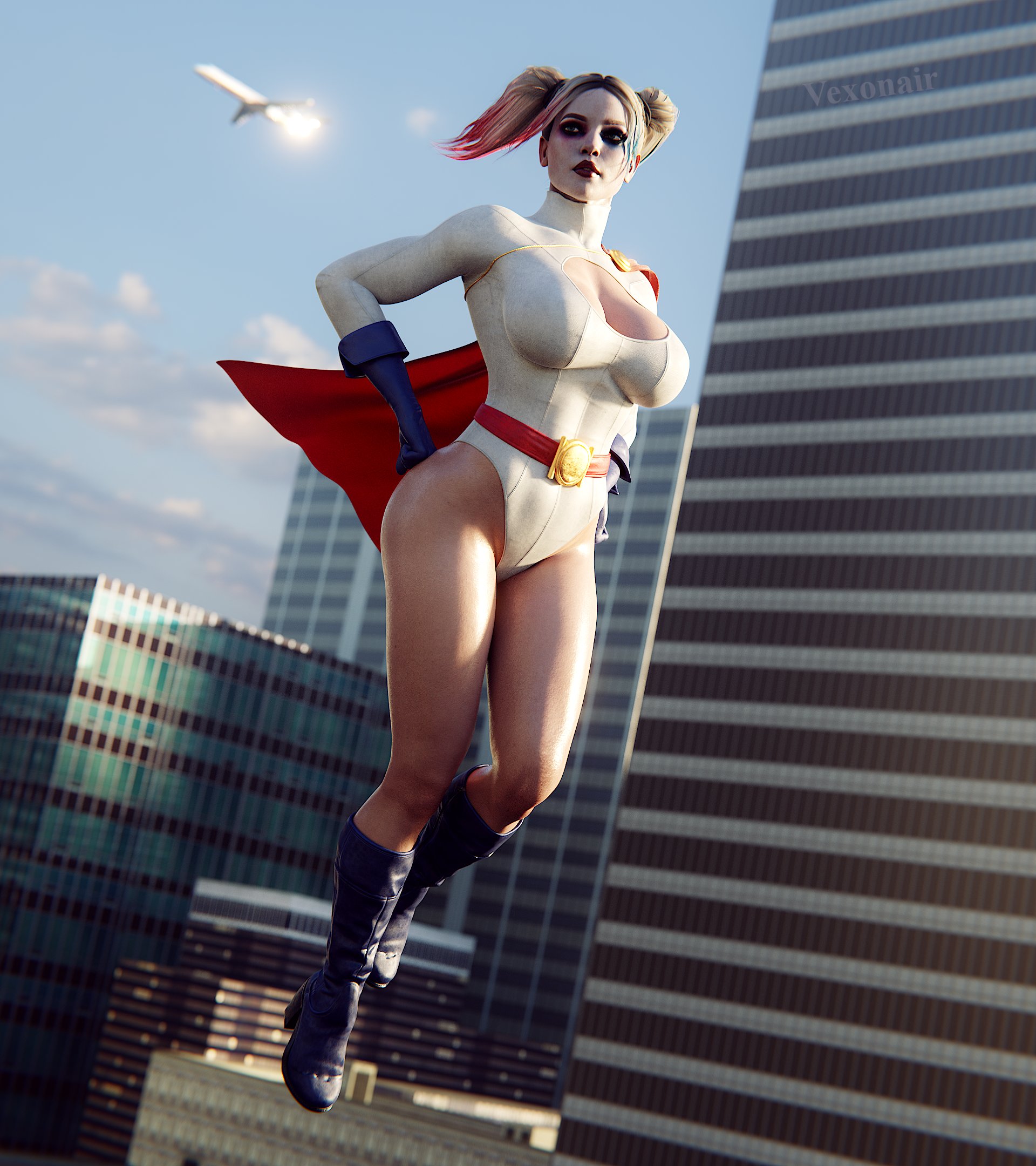 1girls, 3d, ass, batman (series), big ass, big breasts, blonde hair, boob window, breasts, busty, cleavage, cleavage cutout, cosplay, costume, dc, dc comics, female, female focus, female only, full color, fully clothed, harley quinn, harley quinn (injustice), hourglass figure, injustice 2, multicolored hair, no penetration, pose, posing, power girl (cosplay), solo, solo female, superman (series), tagme, thick thighs, vexonair, wide hips