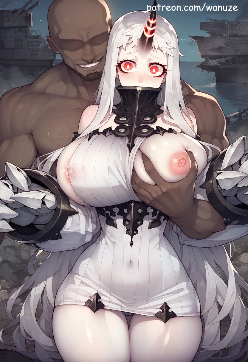 abyssal_ship ai_generated bald big_ass big_breasts big_butt big_thighs blush clawed_fingers claws dark-skinned_male dark_skin demon_horns faceless_male glowing_eyes grey_skin groping groping_breasts groping_from_behind horn huge_ass huge_breasts huge_butt huge_thighs kantai_collection muscular muscular_male pale_skin red_eyes seaport_princess wanuze white_skin wide_hips