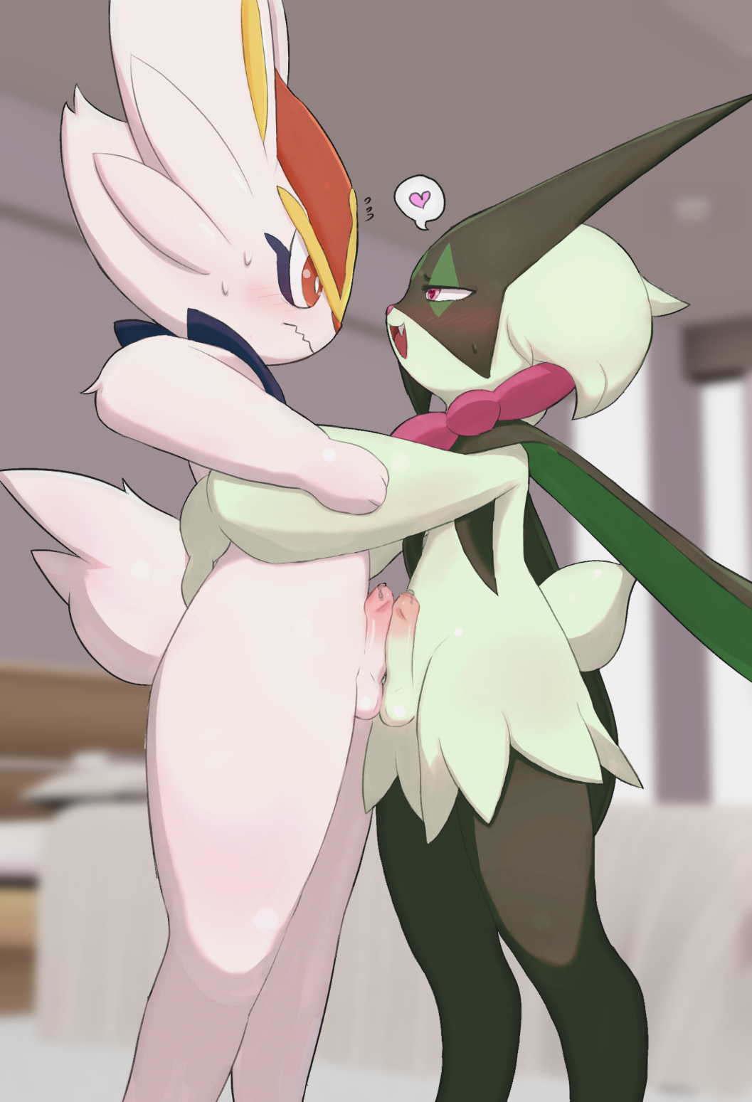 <3_eyes anthro balls bedroom bedroom_eyes blurred_background blush bodily_fluids cinderace dripping duo embrace erection eye_contact fluffy fluffy_tail frottage fur generation_8_pokemon generation_9_pokemon genital_fluids genitals green_body green_fur hanaman heart hi_res hug humanoid_genitalia humanoid_penis inside looking_at_another male male/male male_cinderace male_meowscarada mask meowscarada narrowed_eyes nervous nintendo nude penis pokemon pokemon_(species) pokemon_sv precum precum_drip precum_on_penis red_body red_fur scarf seductive sex smile sweat tail touching_penis white_body white_fur