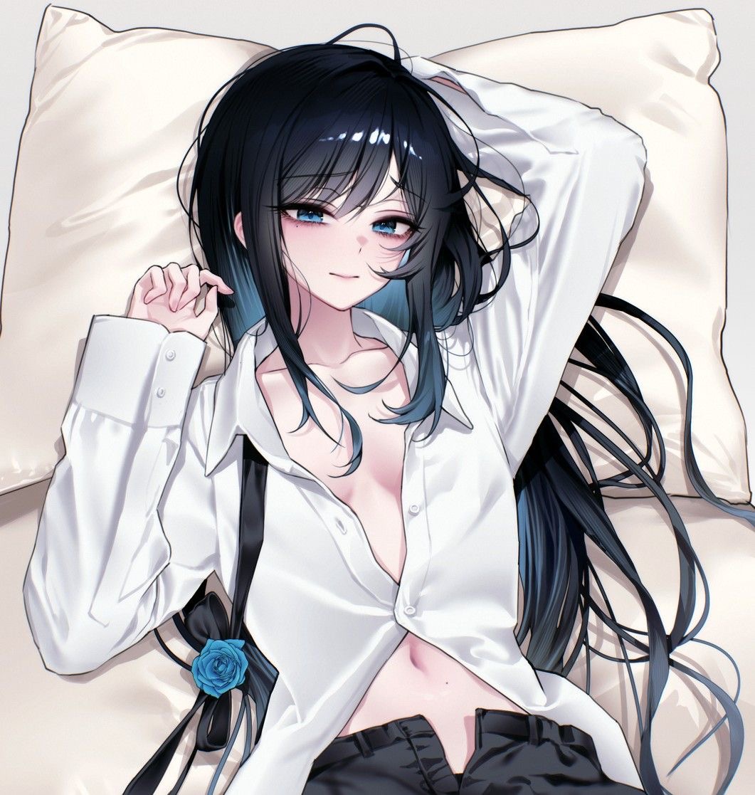 1girls, ado (music-artist), artist request, blue eyes, blue hair, blue rose, cleavage, female, female only, laying on bed, looking at viewer, real person, seductive, sexy, smile, tagme, unbuttoned shirt, utaite