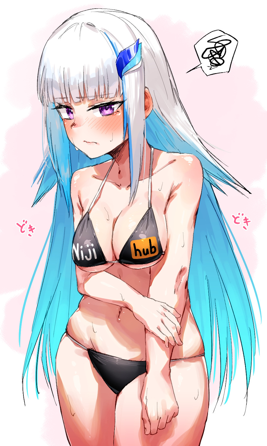 1girls belly_button bikini blue_hair blush embarrassed eyebrows_visible_through_hair female female_only hairclip light-skinned_female light_skin lize_helesta nijihub nijisanji purple_eyes sweat takutaku12364 two_tone_hair virtual_youtuber white_hair